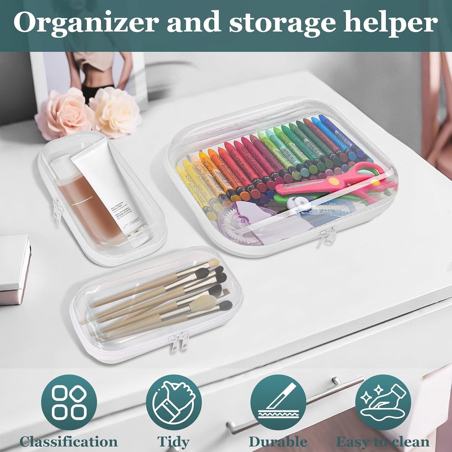 Clear Hard Shell Zipper Cases - Durable Plastic Pencil Storage Pouches | 3-Pack Small & Medium Sizes