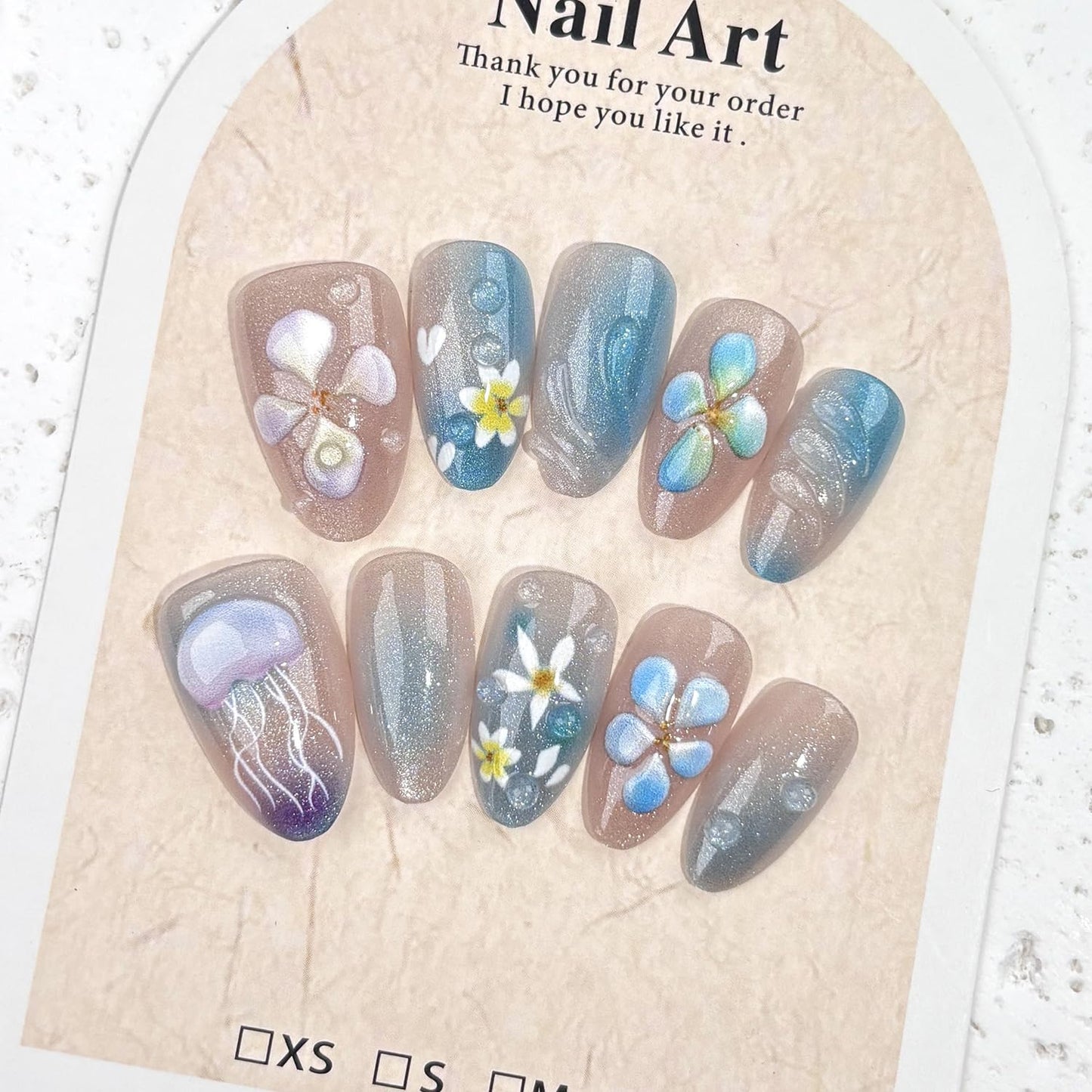 30pcs Summer Press on Nails Short Almond Fake Nails with 3D Jellyfish Floral Glitter Design Ocean Beach False Nails Cute Flower Artificial Nails Full Cover Stick on Nails for Women Nail Decorations