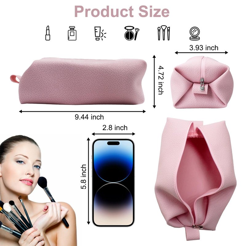 FyndAna Portable Silicone Makeup Bag, Large Waterproof Makeup Brush Bag,Bathroom Travel Bag,Upgraded Leakproof Zipper Makeup Box,Suitable for Mens Womens(Pink)