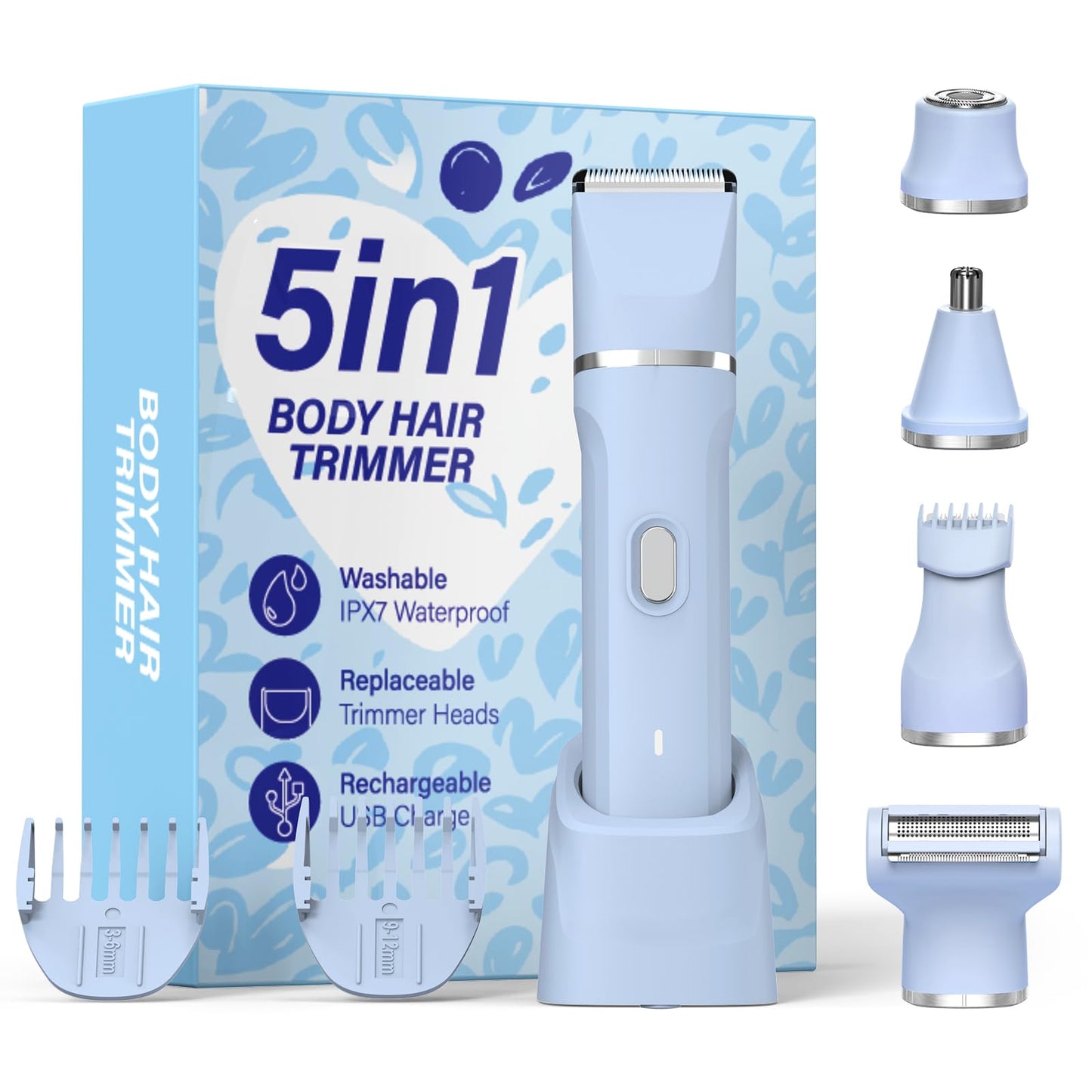 5-in-1 Bikini Trimmer for Women, Electric Razors Shaver IPX7 Waterproof, Cordless Body Hair Trimmer, Ceramic Blade, Facial & Pubic Hair Removal, Travel Portable (Blue)