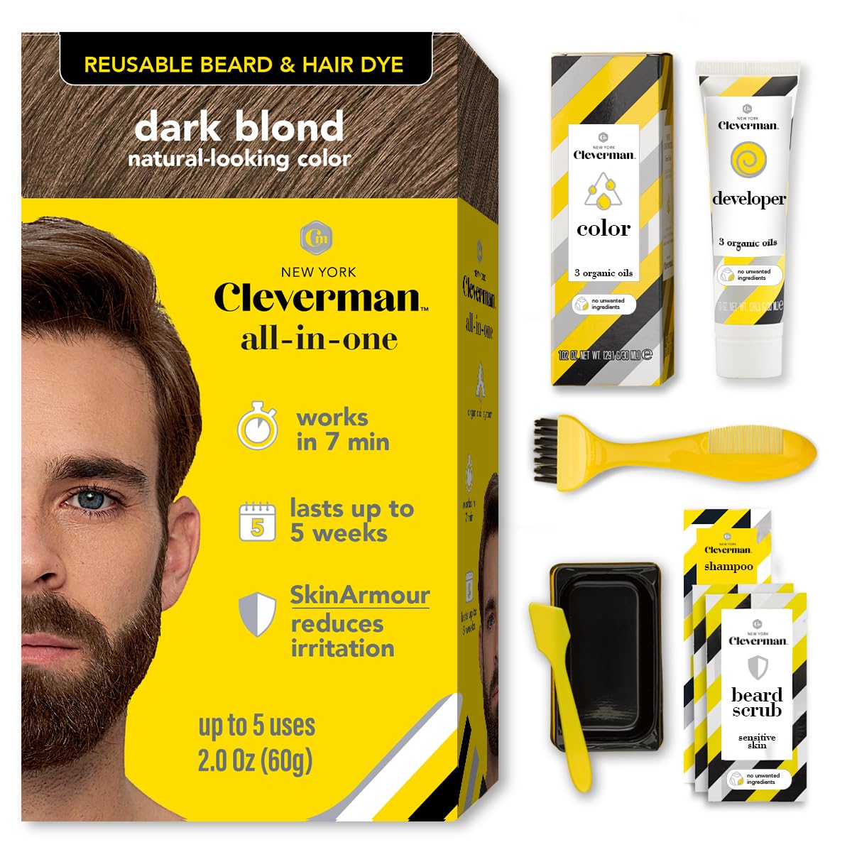 Cleverman Reusable Hair & Beard Dye for Men - Light Brown | Natural Gray Coverage, No-Drip Cream, 5 Uses in 7 Minutes