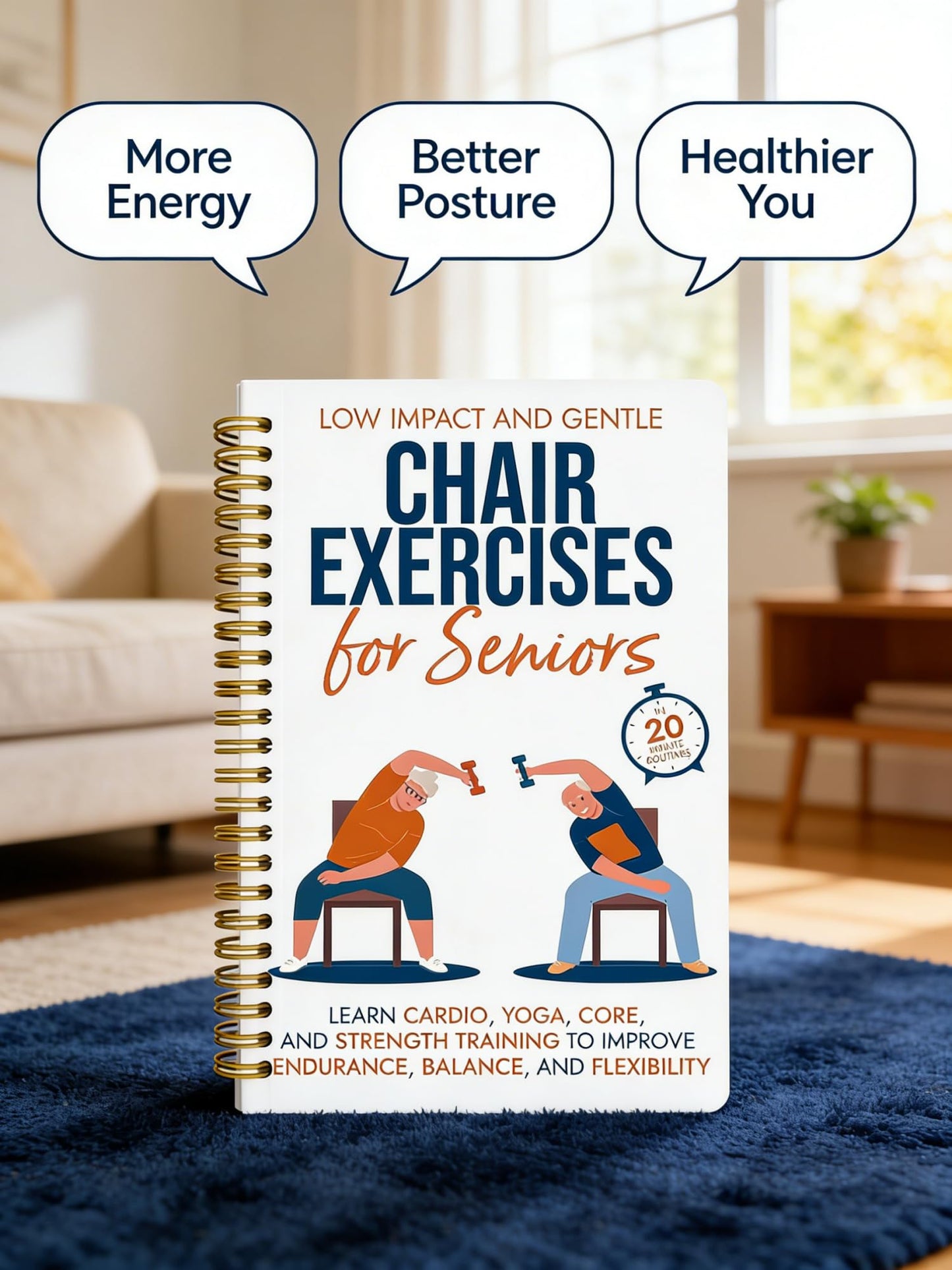 Chair Yoga for Seniors Over 60 Book, 2-Person Cover Design with Exercise Chart, Gentle Poses for Weight Loss and Mobility, Senior Workout Guide for Home