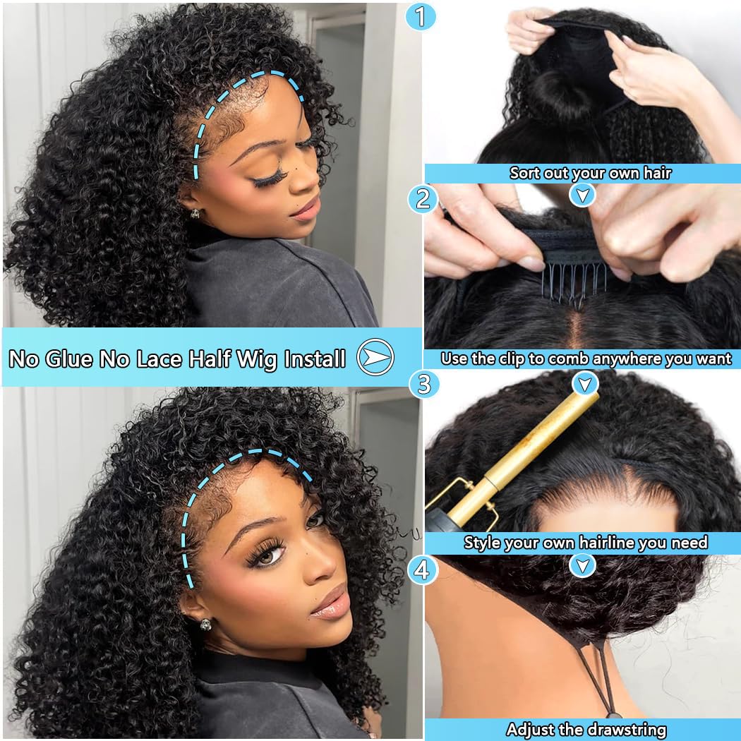 Kinky Curly 3 In 1 Half Wig - 200% Density Human Hair | 16 Inch Afro Curly Flip Wig for Women