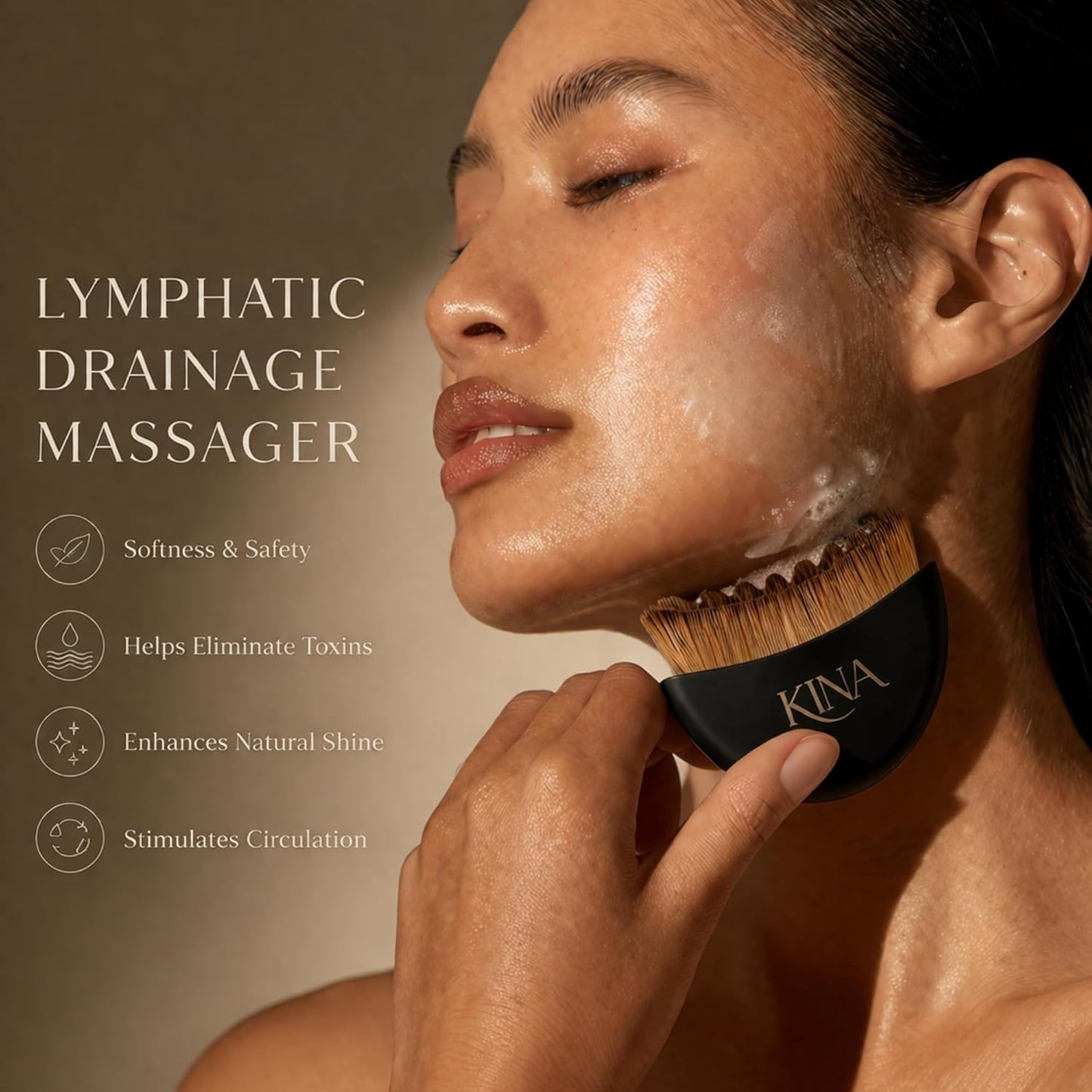 Kina Lymphatic Drainage Face Brush - Gua Sha Tool for Puffiness & Contouring | Ultra-Soft Bristles, Wooden Handle | Detox & Sculpt (Black)