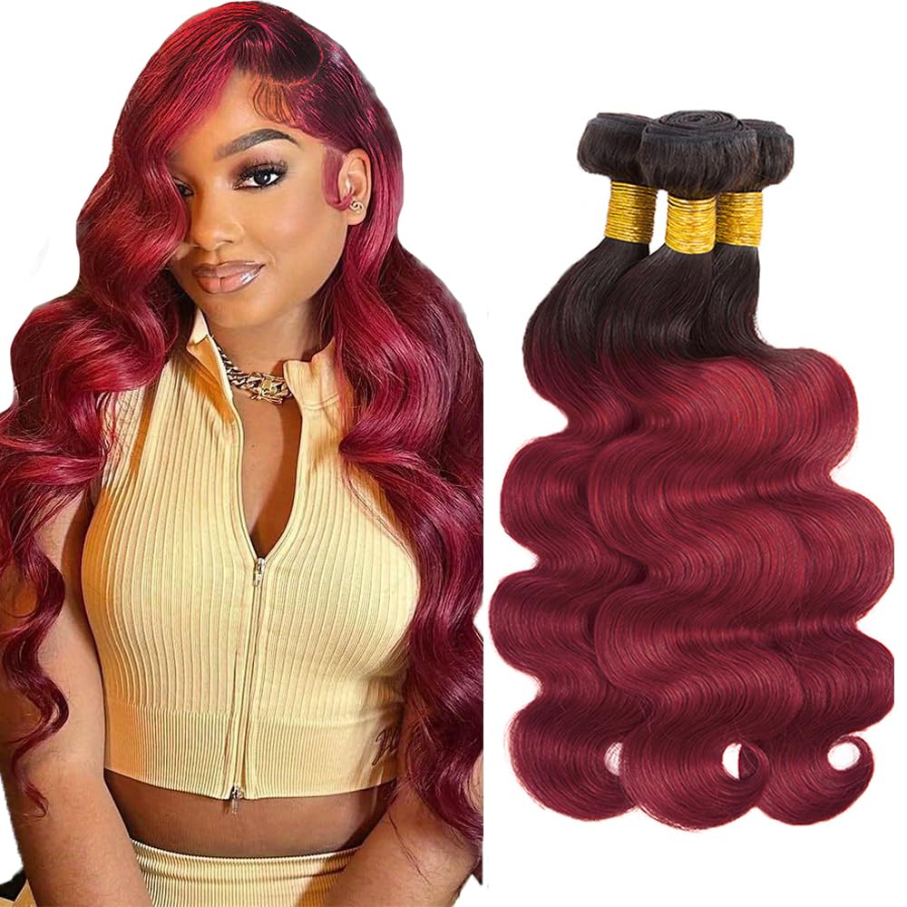 Ombre Body Wave Bundles Human Hair 99j Bundle 26 28 30 Inch 8A Grade Brazilian Virgin Hair 3 Bundles/150g Burgundy Body Wave Bundles Hair Weave