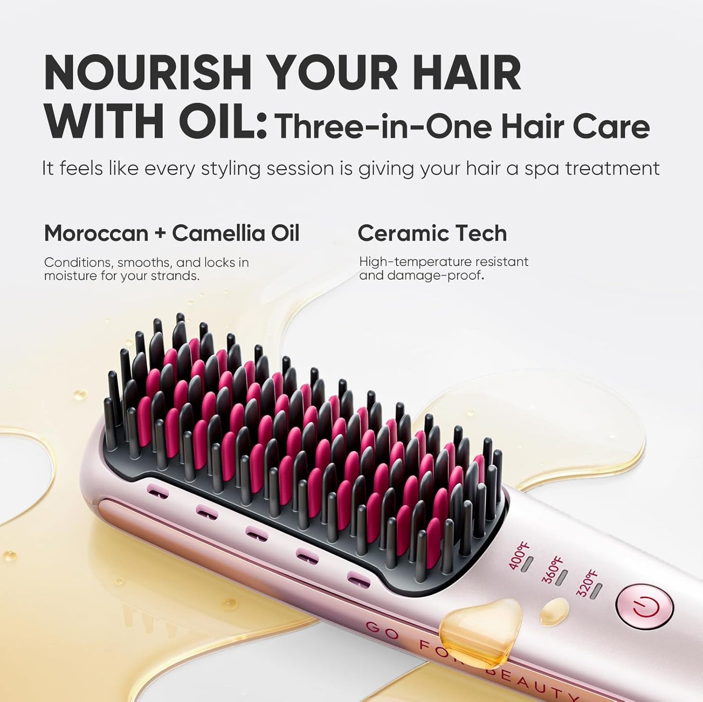 Mini Ionic Hair Straightener Brush - Portable Travel Comb with 3 Temperature Settings | Fast Heating & Anti-Scald, Rose Gold