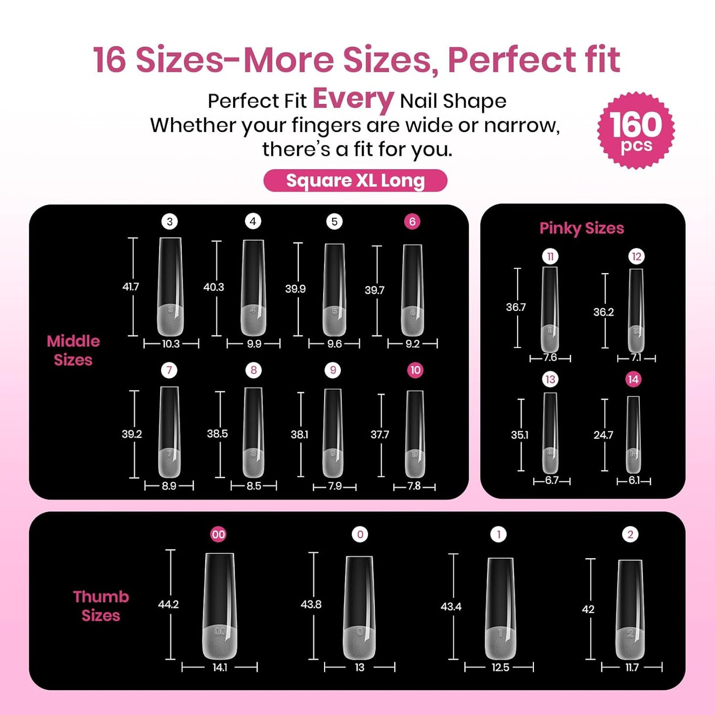 Beetles Nail Tips - XXL Square Instant Apex for DIY Extensions | 160pcs, 16 Sizes 00-14