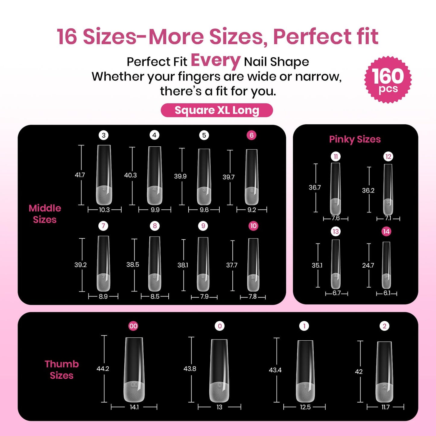 Beetles Tipex Lite Instant Apex Nail Tips, XXL Square, No Builder Gel Needed, 160pcs 16 Sizes 00-14 for DIY Salon-look Extensions