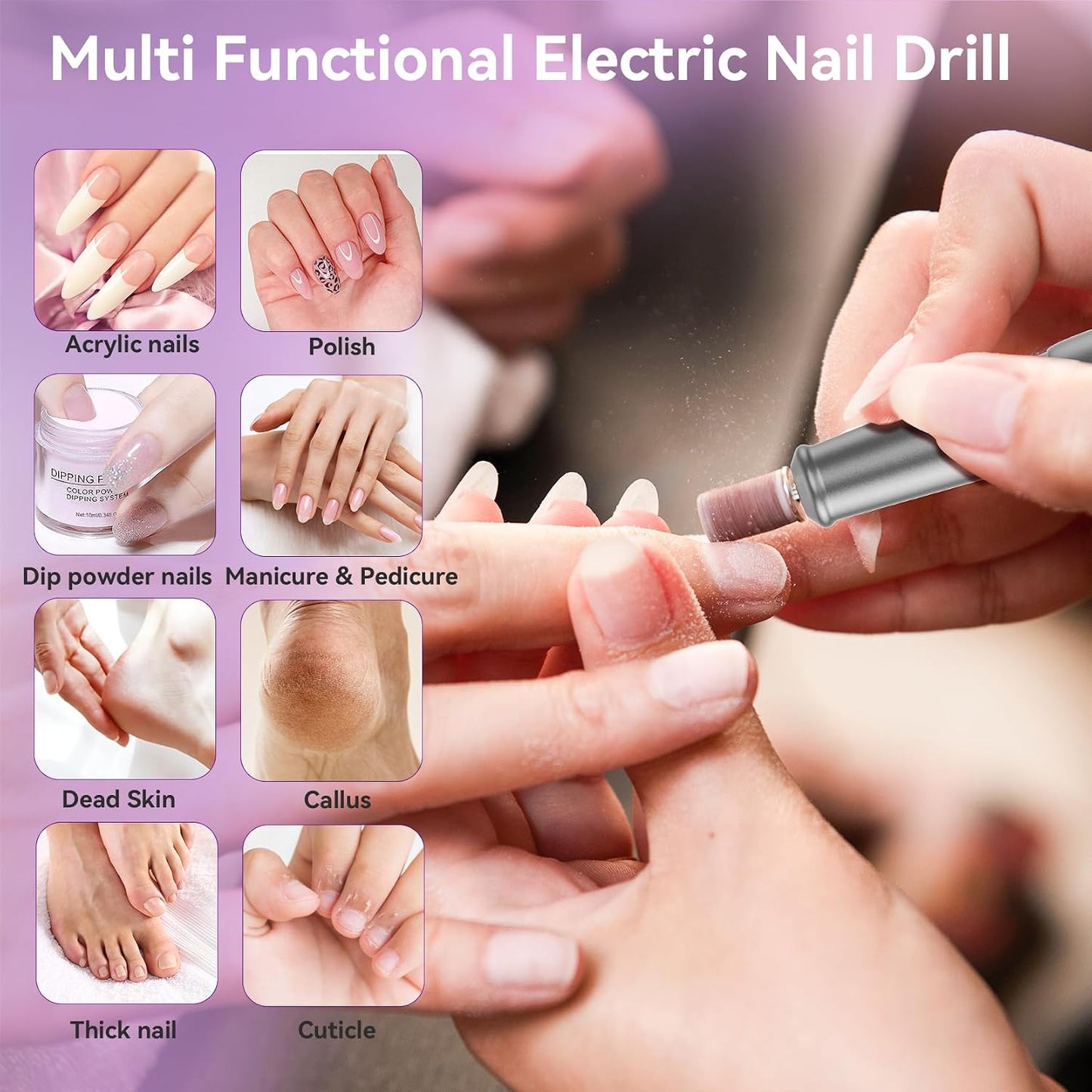 Electric Nail Drill - Professional 12-in-1 Efile for Acrylic & Gel Nails | Portable, Rechargeable, 5 Speeds, Grey