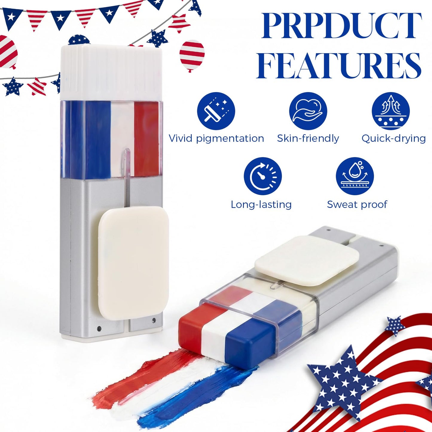 Red White and Blue Face Paint Stick - USA Patriotic Face Paint for 4th of July, Eye Black Stick for Baseball Softball Football, Body Paint for Sports Fans & Independence Day Accessories for Women Men