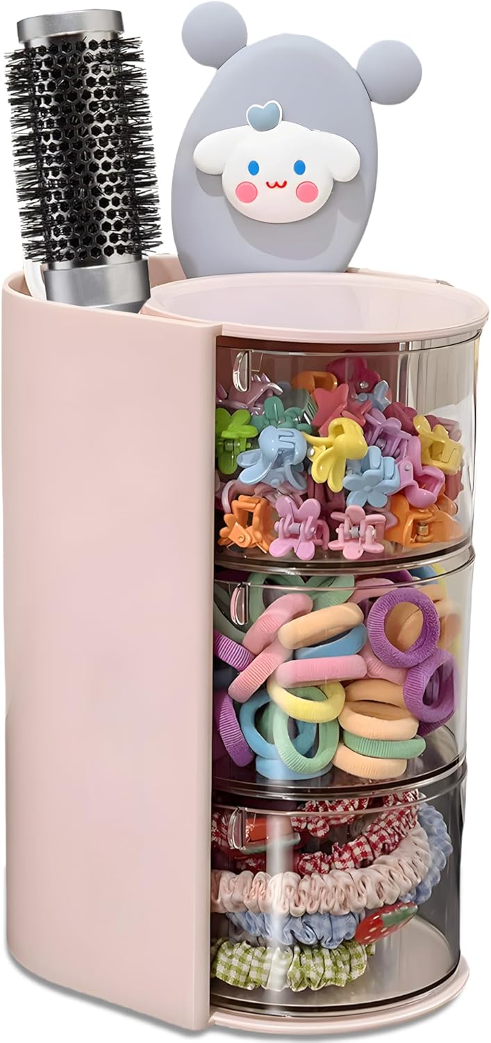 Hair Accessories Organizer - Rotatable Makeup Brush Holder for Necklaces, Earrings, Bracelets | Pink, 3-Layer