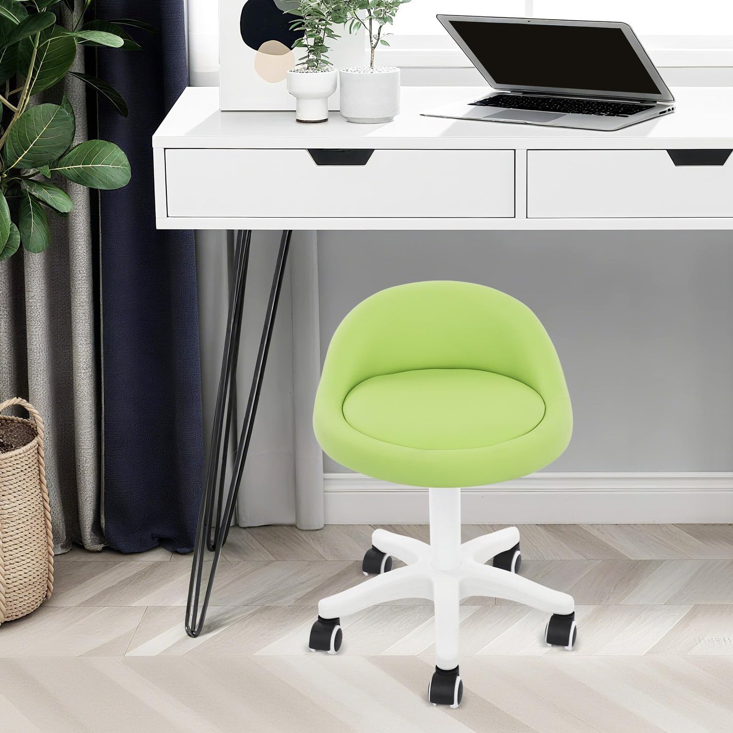 Titunjian Rolling Stool Chair with Backrest Round PU Leather Swivel Salon Stool Adjustable Height Drafting Tattoo Office Chair for Spa Salon Tattoo Massage Dental Office (Green)