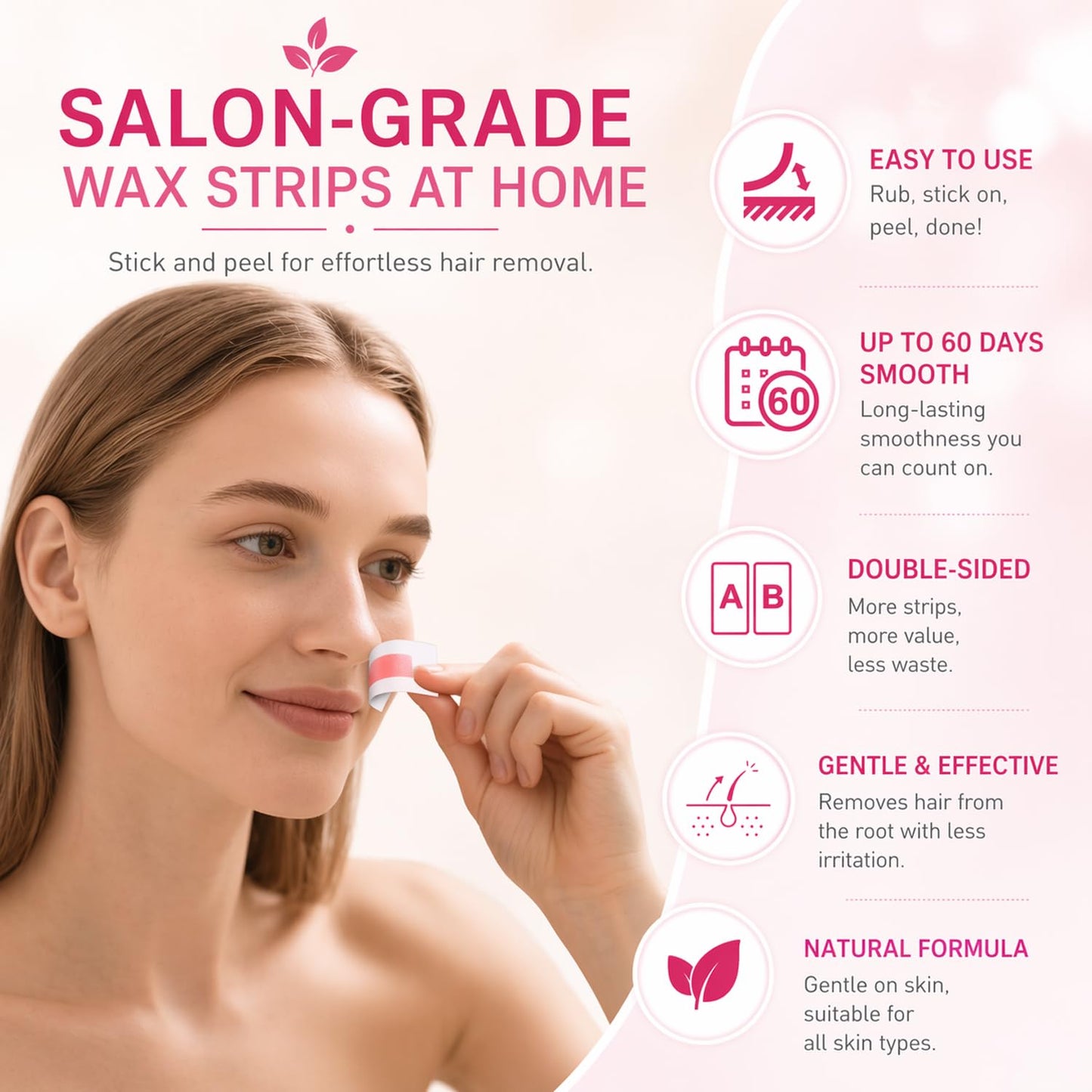 Facial Wax Strips for Women - 48 Pcs Hypoallergenic Hair Removal | Upper Lip & Eyebrow, No-Heat Waxing Kit
