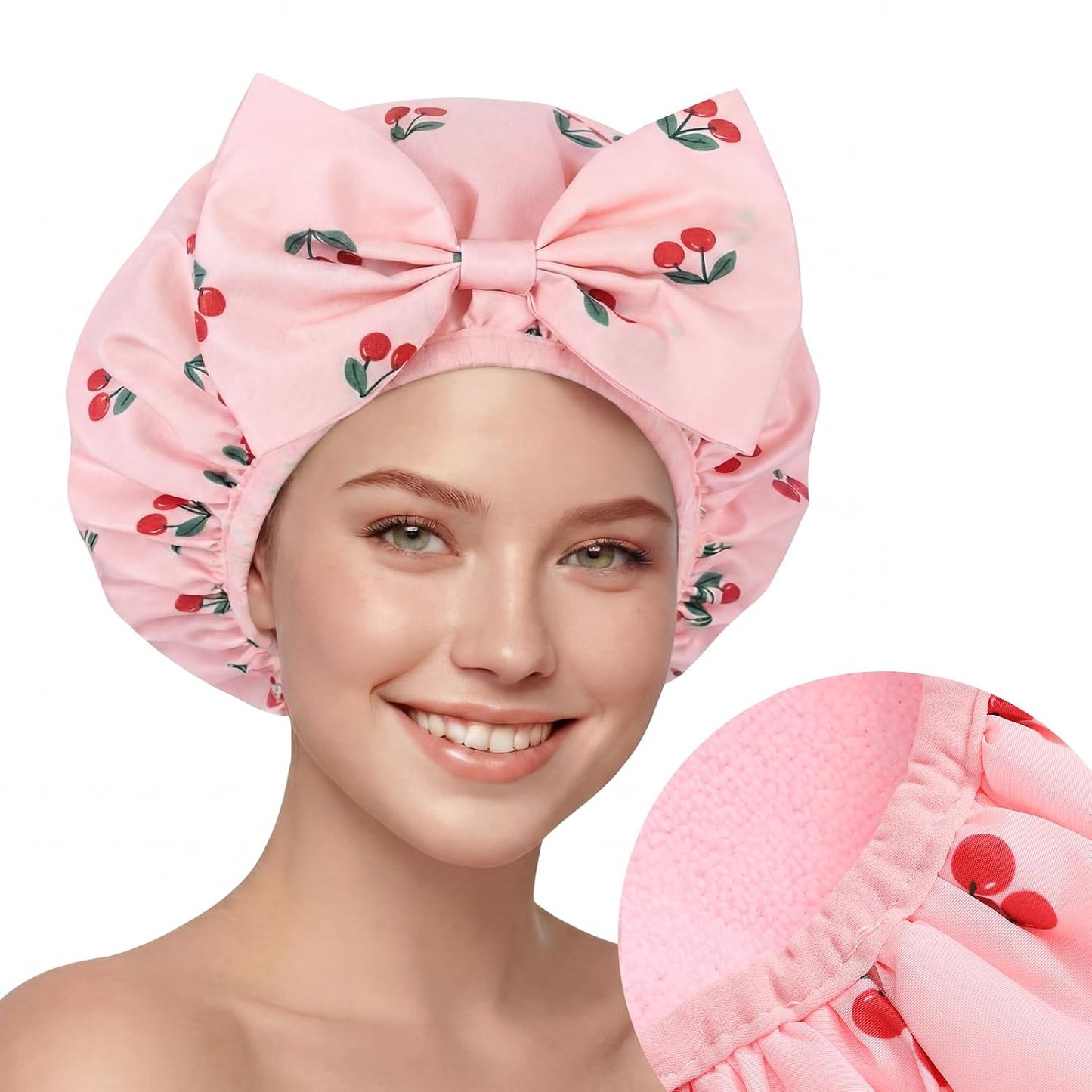 Cherry Shower Cap for Women - Terry Lined, Waterproof & Adjustable | Reusable Double Layer Bath Bonnet for Braids & Curly Hair
