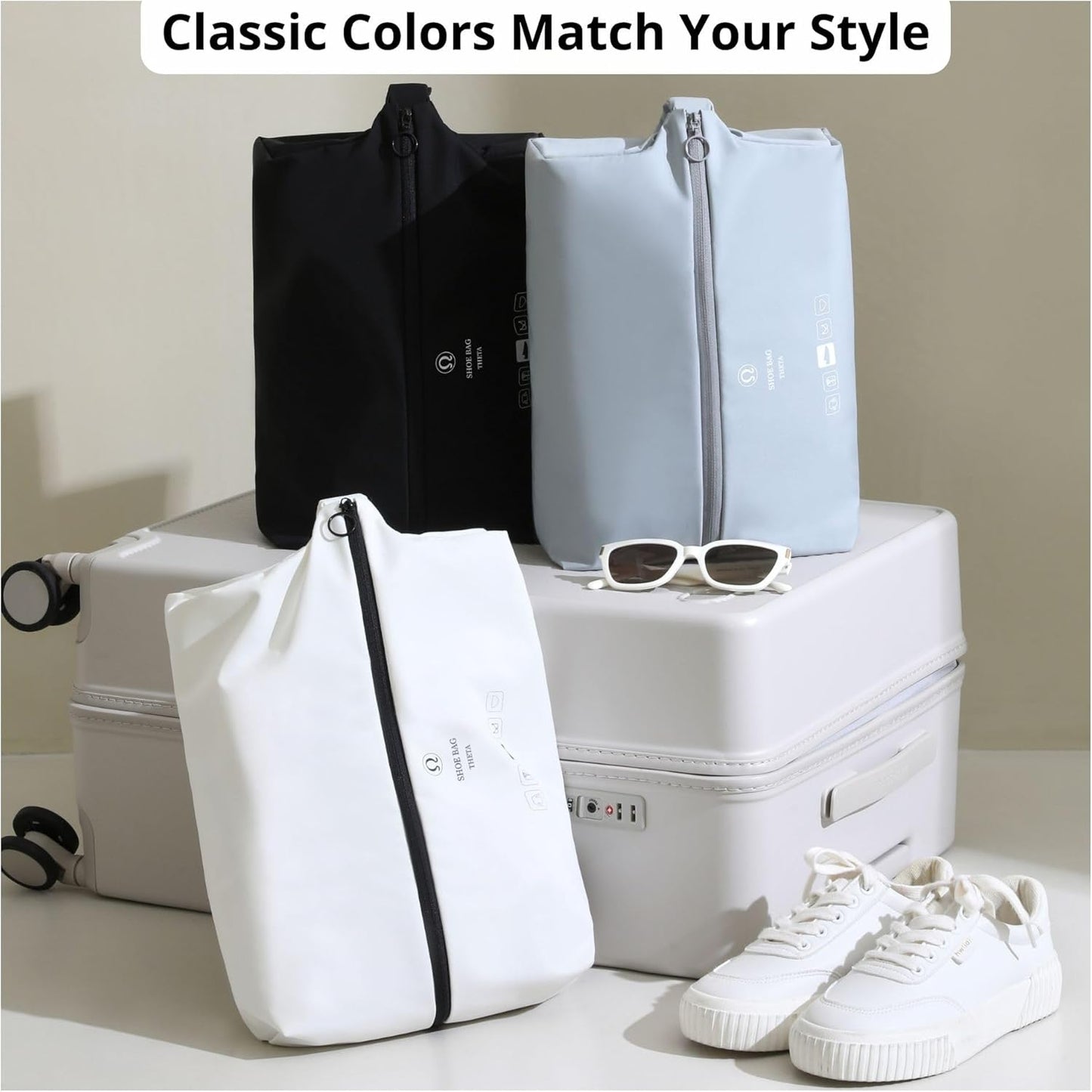 Double-Layer Waterproof Travel Shoe Bag - Comfortable Handle, White | Wide Opening Design