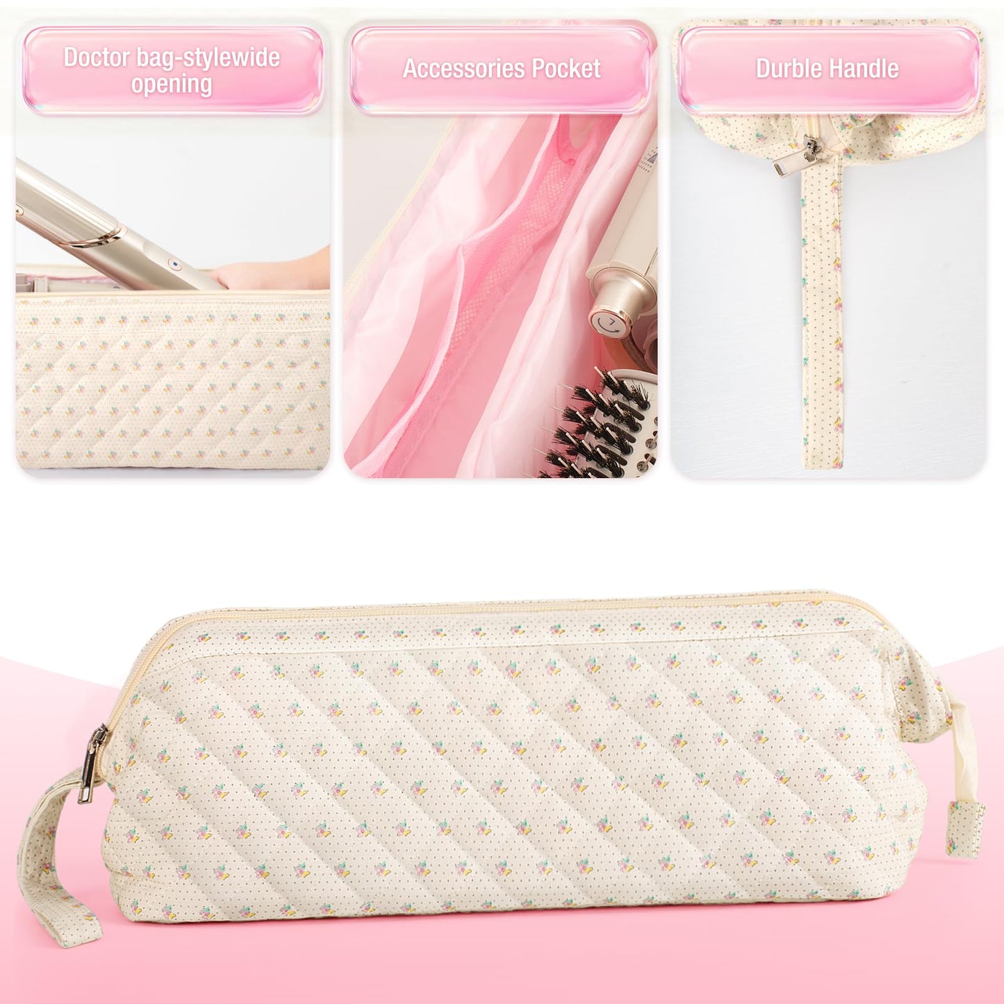 Voryssent Quilted Hair Tool Travel Bag, Shark Flex Style Travel Case For Dyson Hair Dryer Airwrap Bag, Curling Iron Bags Quilted For Shark Dyson Revlon Organizer Accessories (A-Flower)