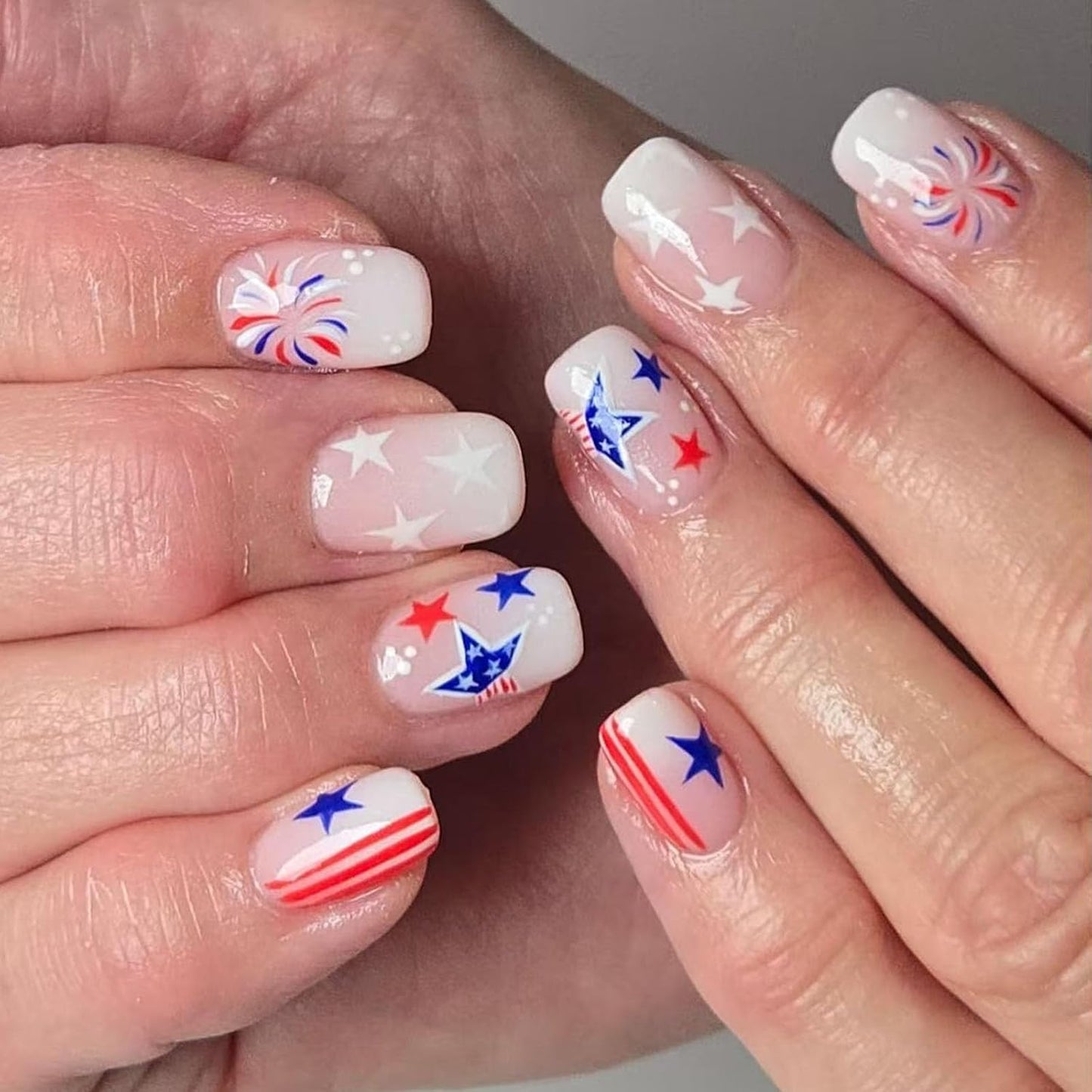 Press On Nails - Medium Square American Flag Glitter Design | 24Pcs Red, Blue & Gold 4th of July Fake Nails