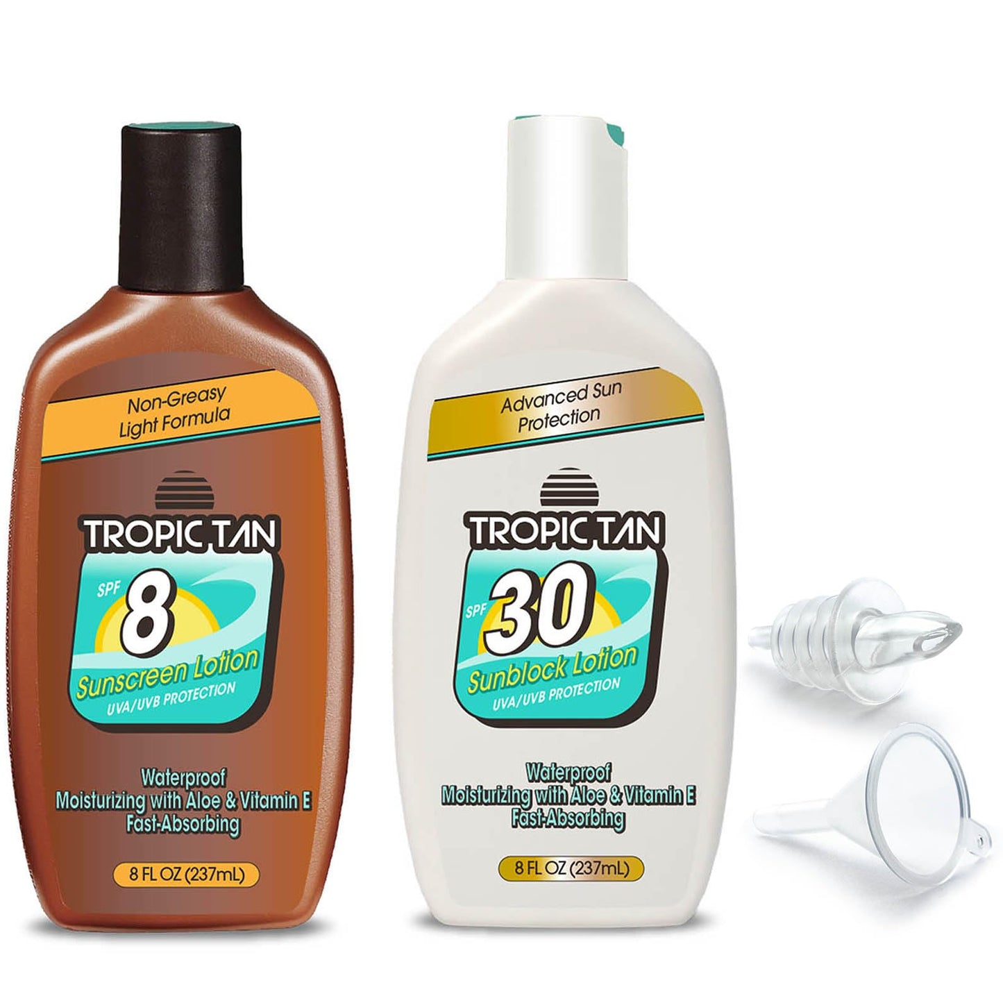 GoPong Tropic Tan Sunscreen Bottle Flask 2 Pack (16 oz Total) - Hidden Alcohol Travel Flasks - Secret Liquor Containers for Beaches, Cruises, and Sports Events – Includes Funnel & Spout