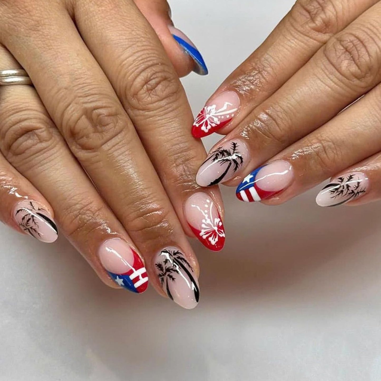 Press On Nails - Medium Square American Flag Glitter Design | 24Pcs Red, Blue & Gold 4th of July Fake Nails