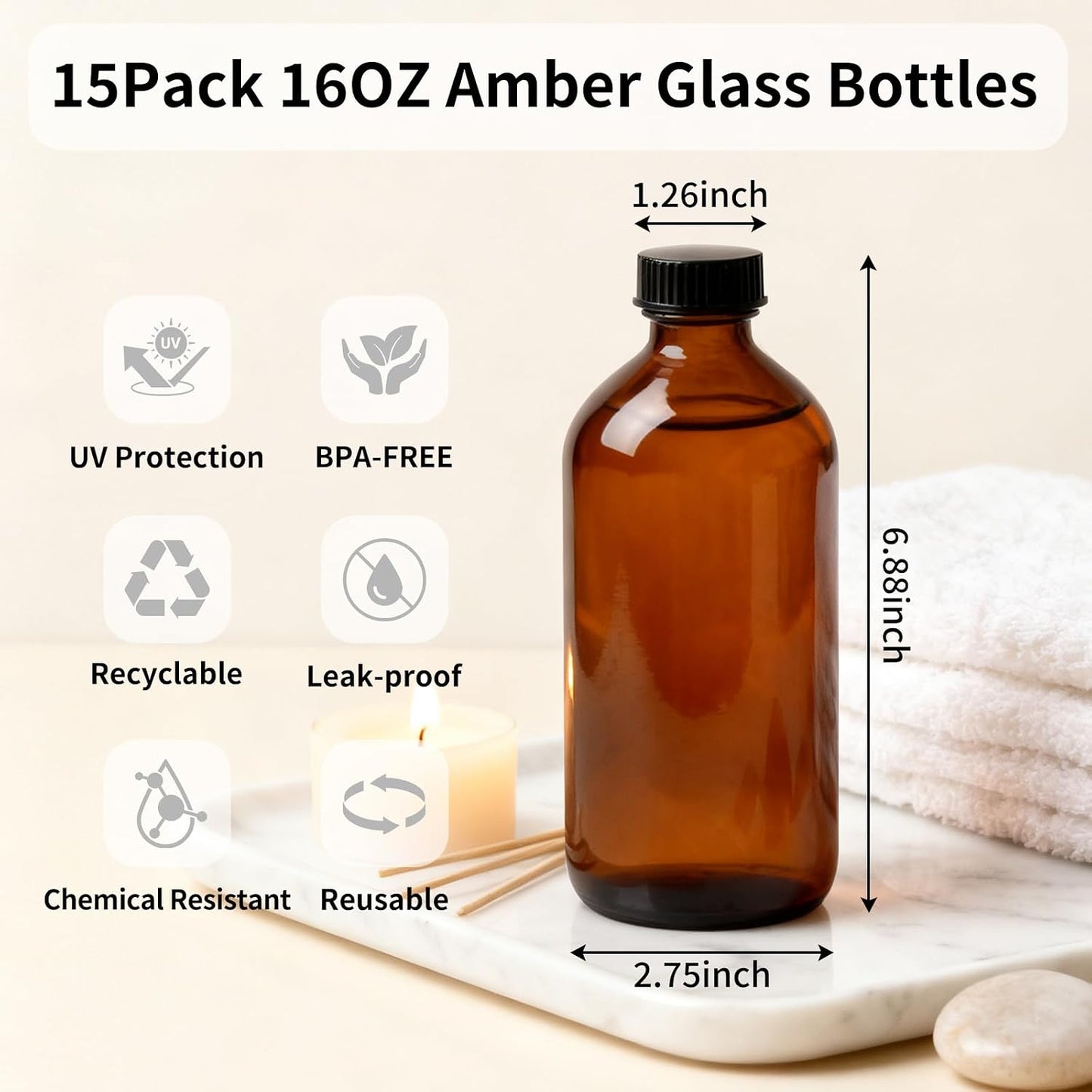 Amber Glass Boston Round Bottles - 16 oz | 15 Pack - Airtight, Leak-Proof for Kombucha, Condiments, Oils