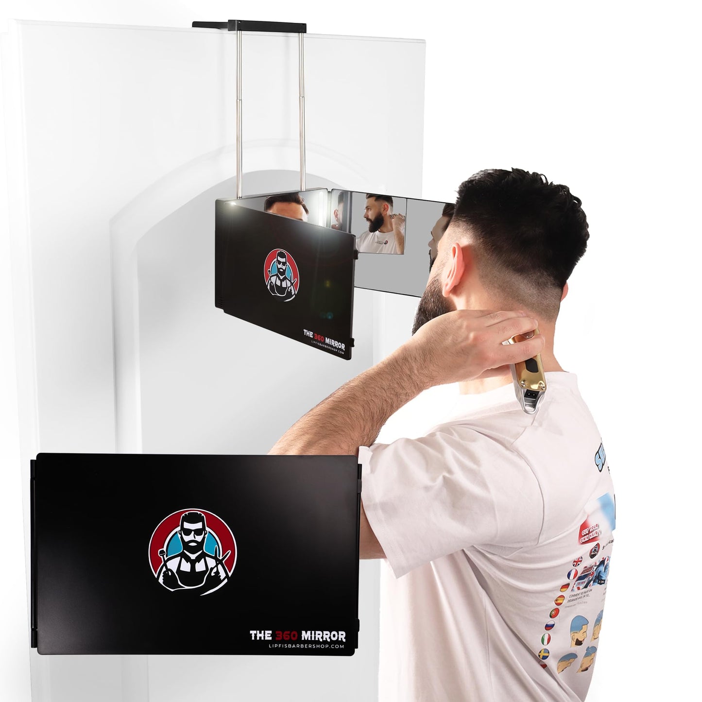 The 360 Mirror - 3 Way Mirror for Self Hair Cutting - Adjutable Trifold Barber Mirro to Cut Your Own Hair - Tri Fold Self Haircut System - Three Sided Mirro for Haircuts (Black - Mini LED version)
