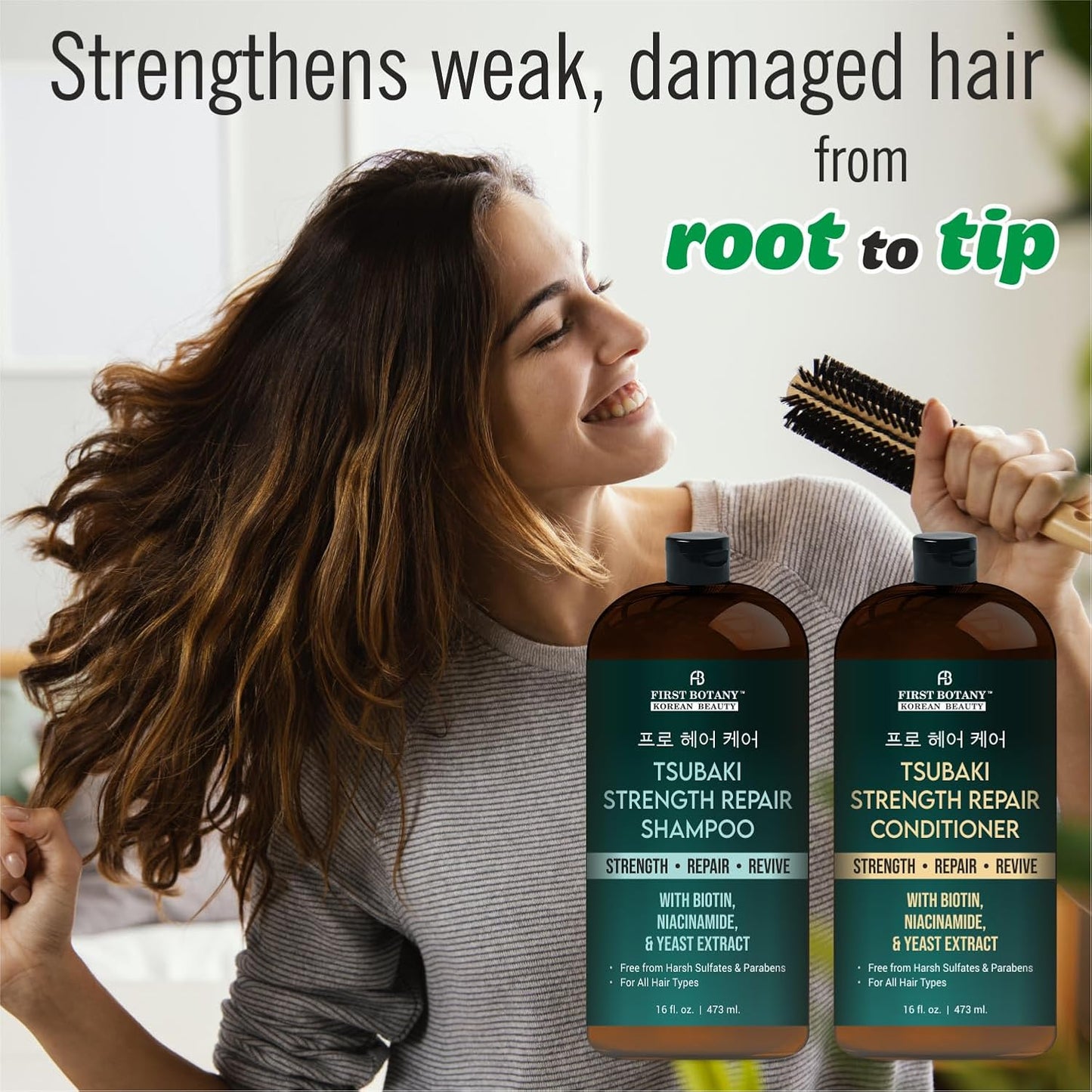 Tsubaki Strength Repair Shampoo & Conditioner Set - Biotin, Niacinamide & Yeast Extract for Damaged Hair | 16 fl oz