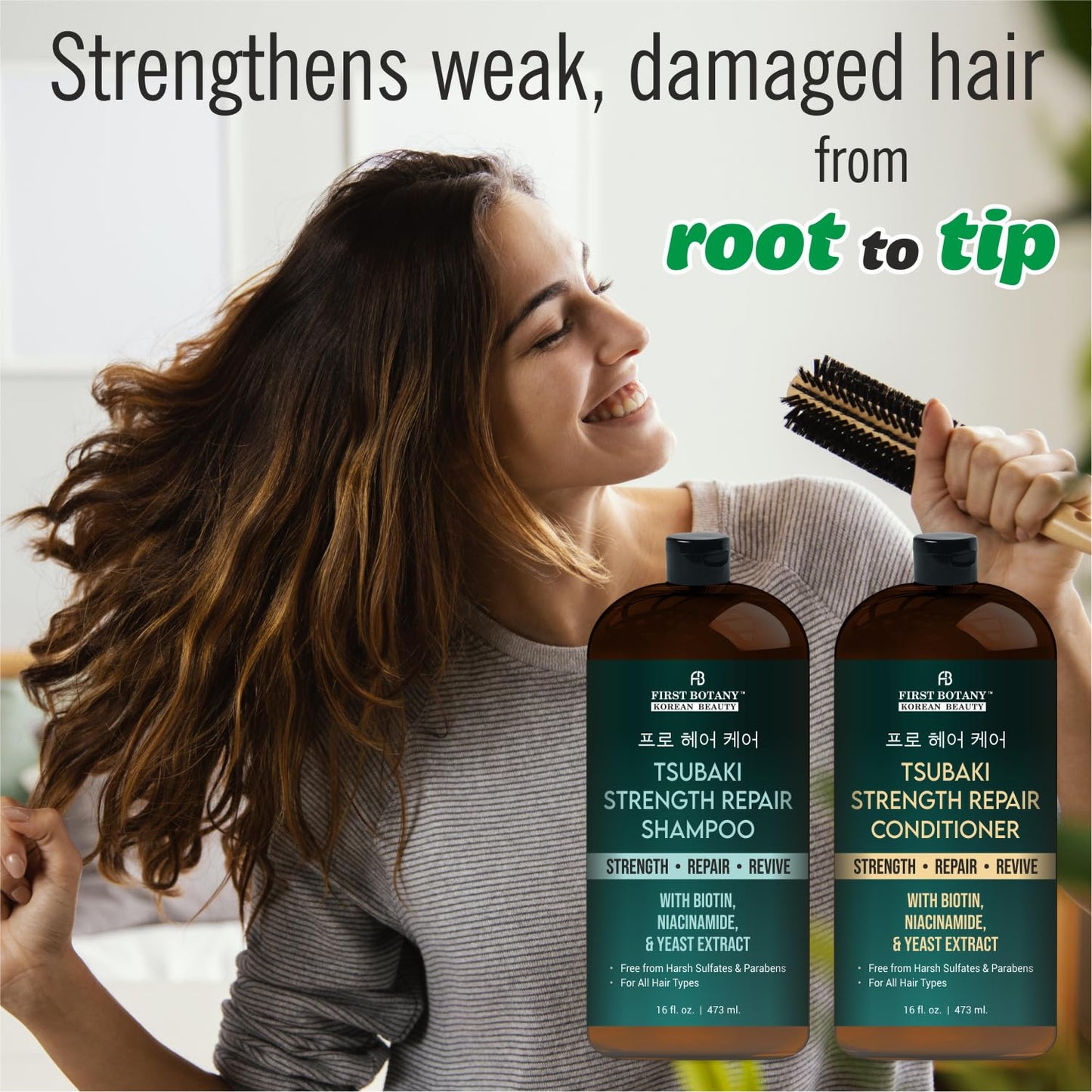Tsubaki Strength Repair Shampoo & Conditioner Set – With Tsubaki, Biotin, Niacinamide & Yeast Extract - Revives Damaged Hair Promotes Hair growth – Sulfate & Paraben Free for All Hair Types 16 fl oz