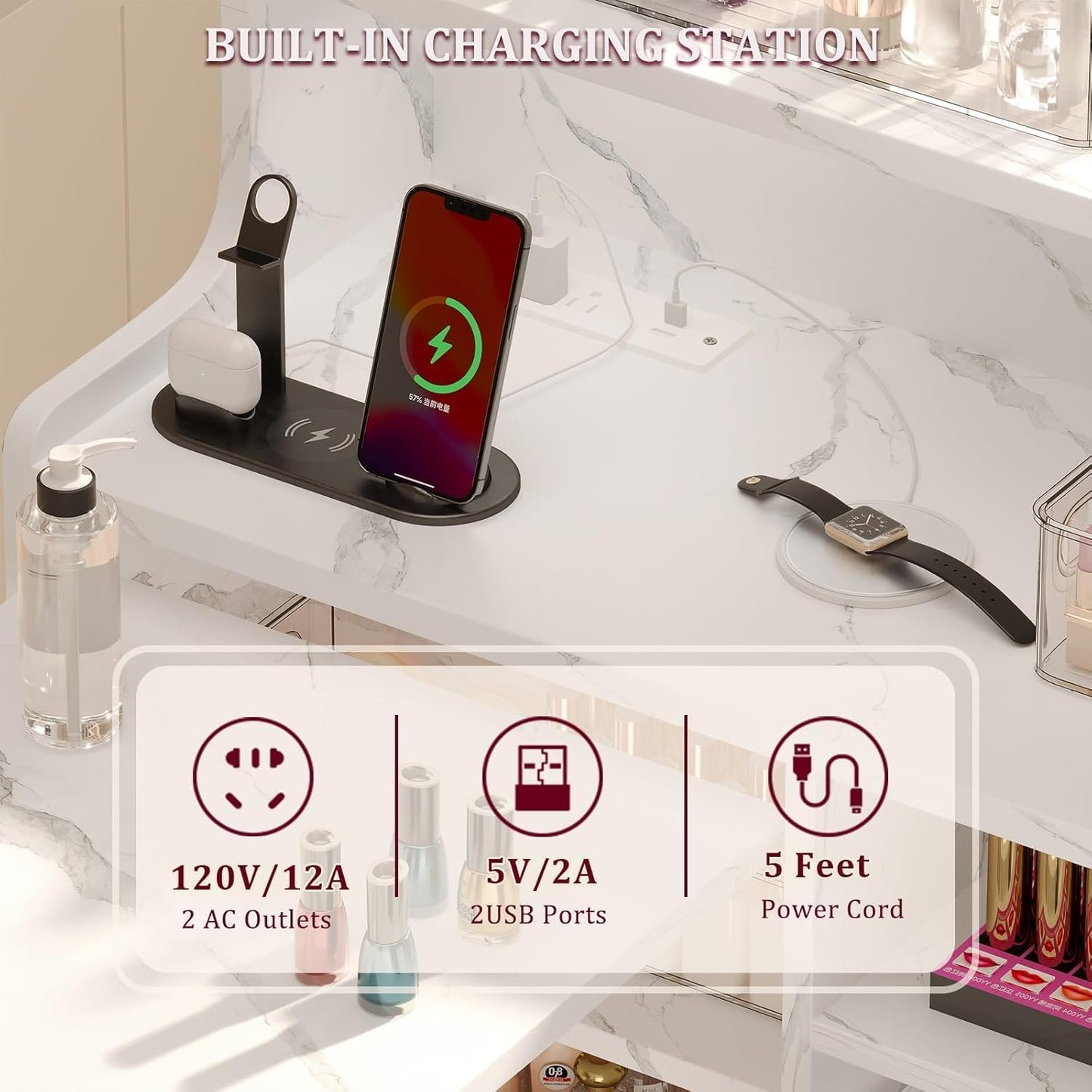 Foldable Nail Desk - L Shape Manicure Table with Cabinet Drawer & Charging Station | Portable Marble Beauty Salon Workstation