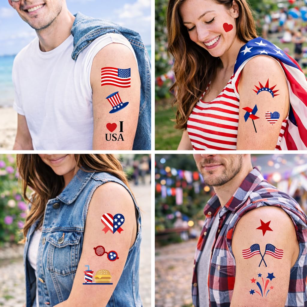 4th of July Temporary Tattoos - 90PCS Waterproof Patriotic American Flag Stickers | Perfect for Independence Day Parties & BBQs