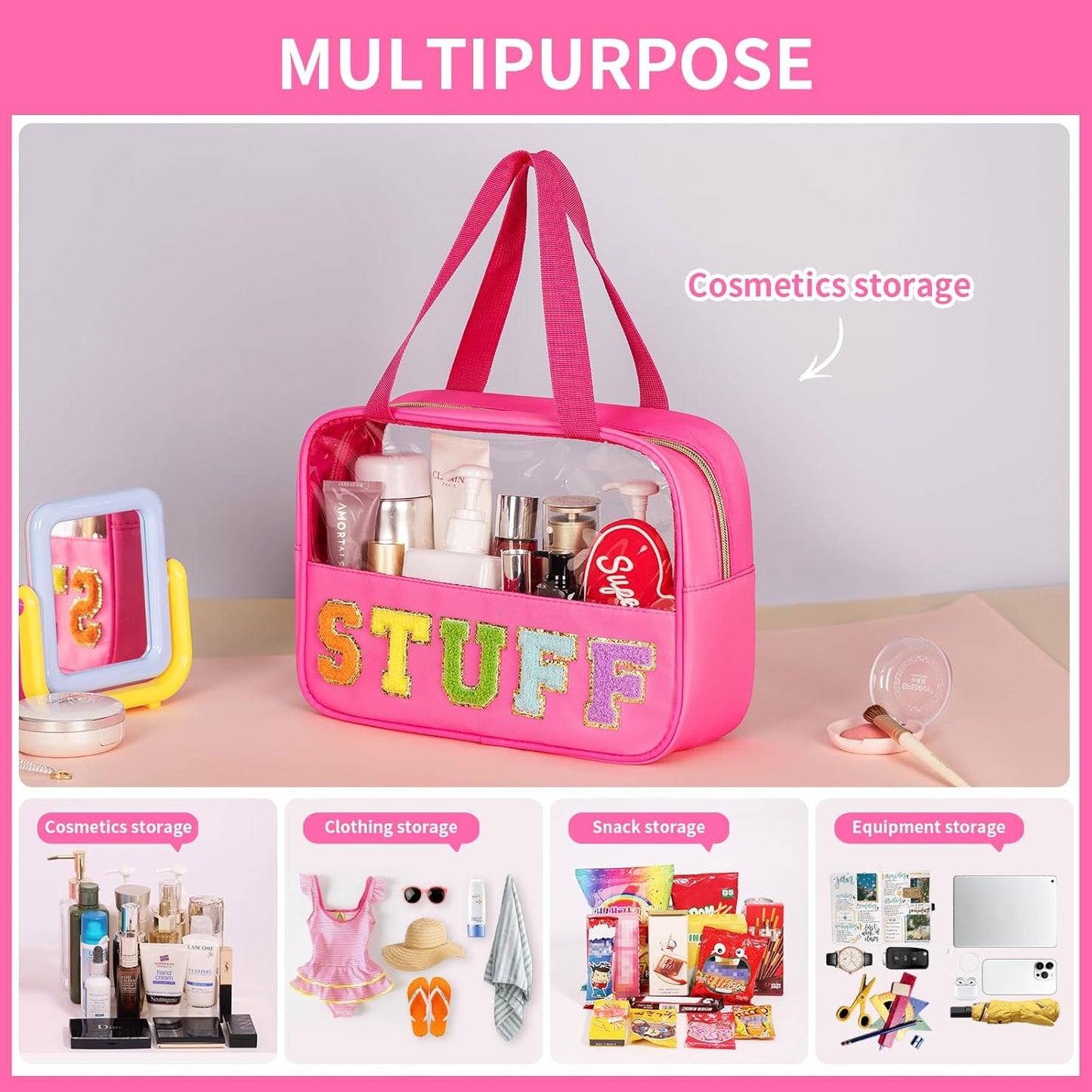 Chenille Letter Patch Makeup Bag - Waterproof Clear Travel Toiletry Bag with Handle | Large PVC & Nylon Storage for Women