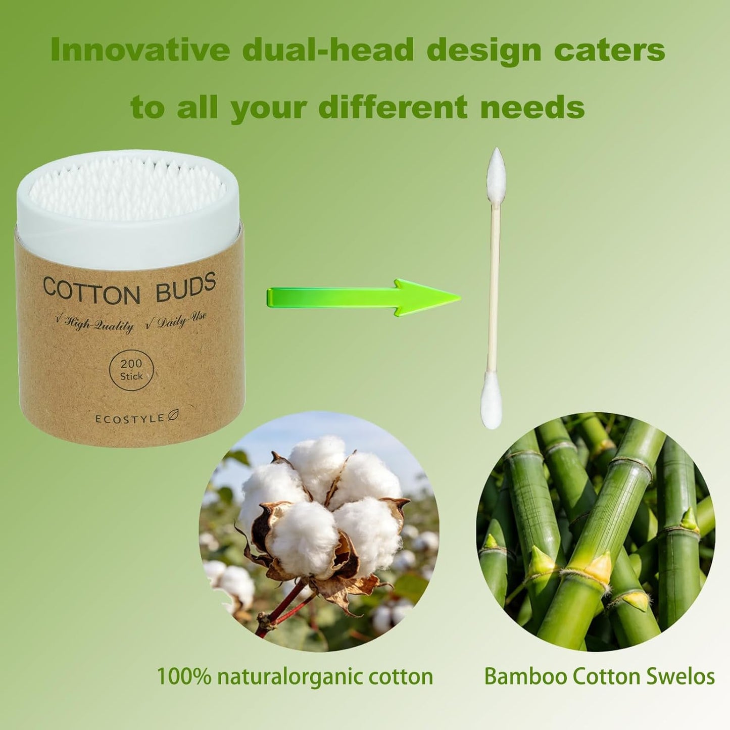 Bamboo Cotton Swabs - 200 Count Biodegradable Dual-Tip Wooden Buds for Ear Cleaning, Makeup & Nail Art | Eco-Friendly Portable Tube
