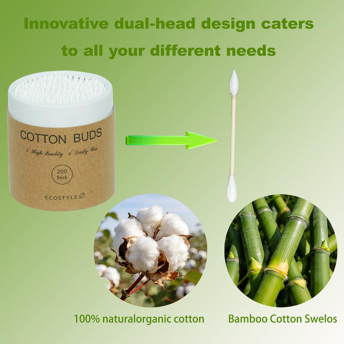 200 Count Bamboo Cotton Swabs, Dual-Tip Wooden Cotton Buds for Ear Cleaning, Makeup, Nail Art & Electronics, Biodegradable Cotton Swabs with Portable Paper Tube