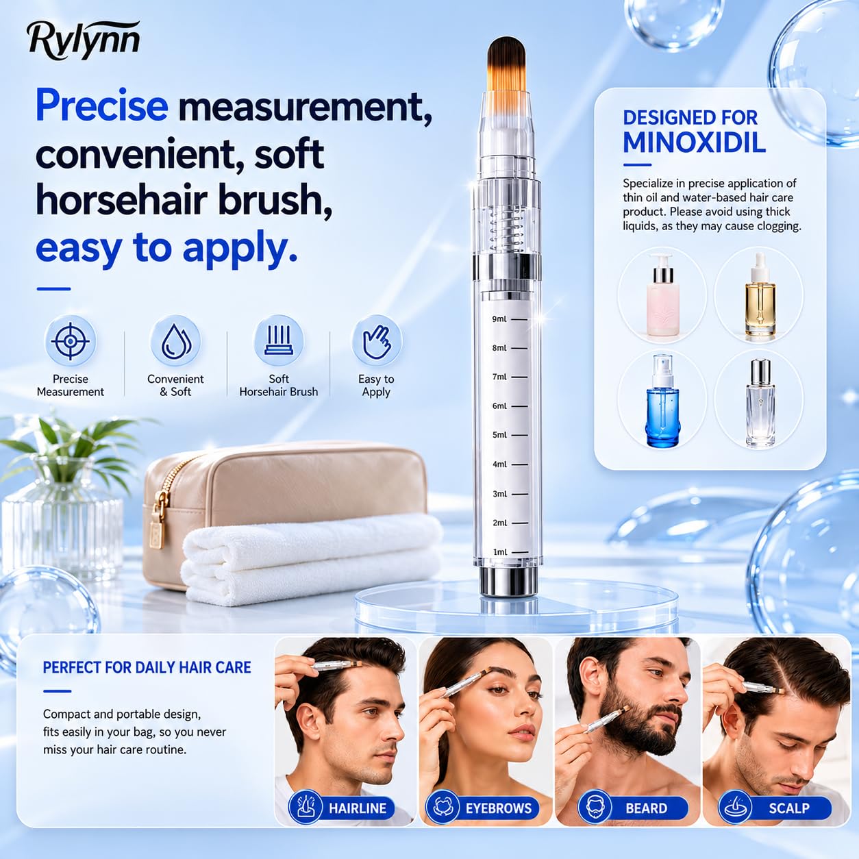 Minoxidil Applicator Brush Set - 7 in 1 Portable Kit for Hairline, Eyebrow & Beard Growth | Scalp Comb & Essential Oil Applicator