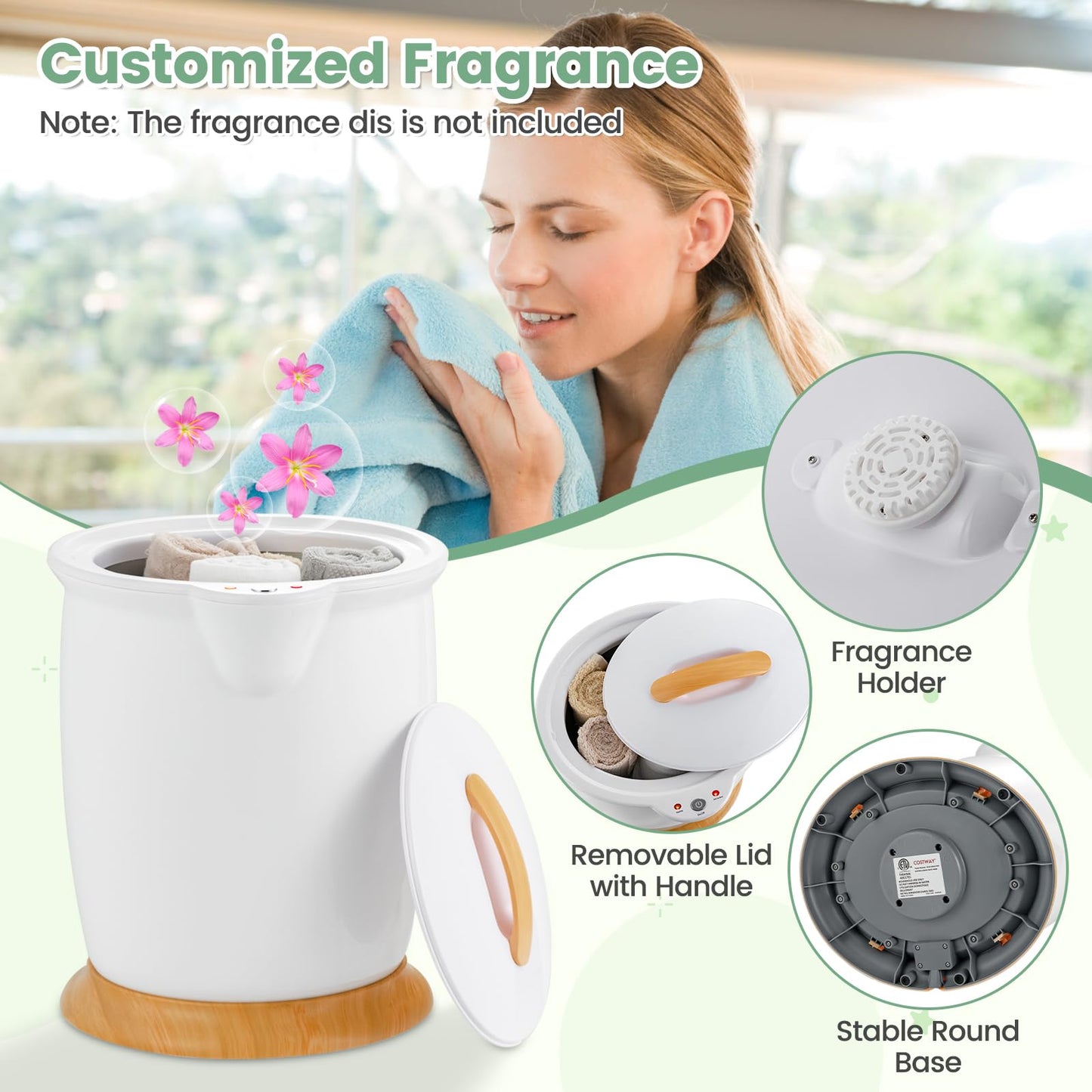 Happygrill Luxury Towel Warmer Bucket w/Fragrance Holder, Auto Shut Off, Fits Up to Two 40" x 70" Oversized Towels, Bathrobes, Blankets, Large for Bathroom (White)