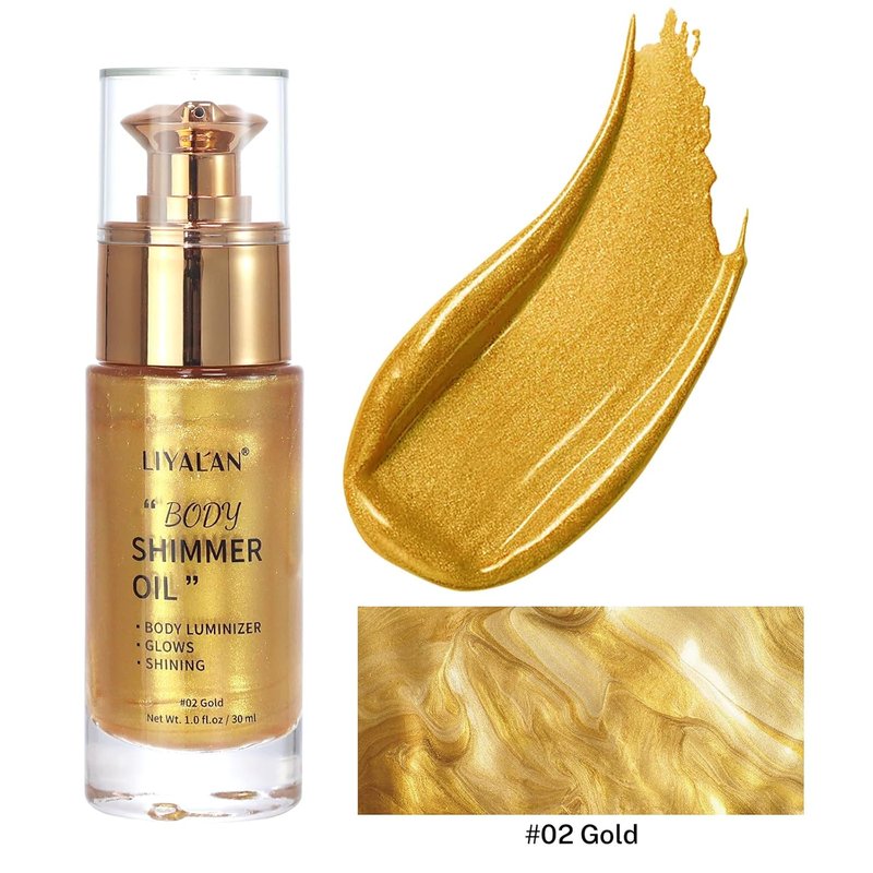 Liyalan Shimmer Body Oil - Glow Enhancing Highlighter | 1.0 fl. oz, Gold (#02)