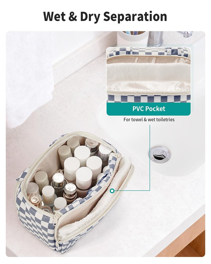 Narwey Checkered Travel Toiletry Bag for Women Large Makeup Bag, Wide-open Cosmetic Make Up Organizer with Handle, Travel Bag for Toiletries, Essentials, Accessories (Greyish Blue Checkerboard)