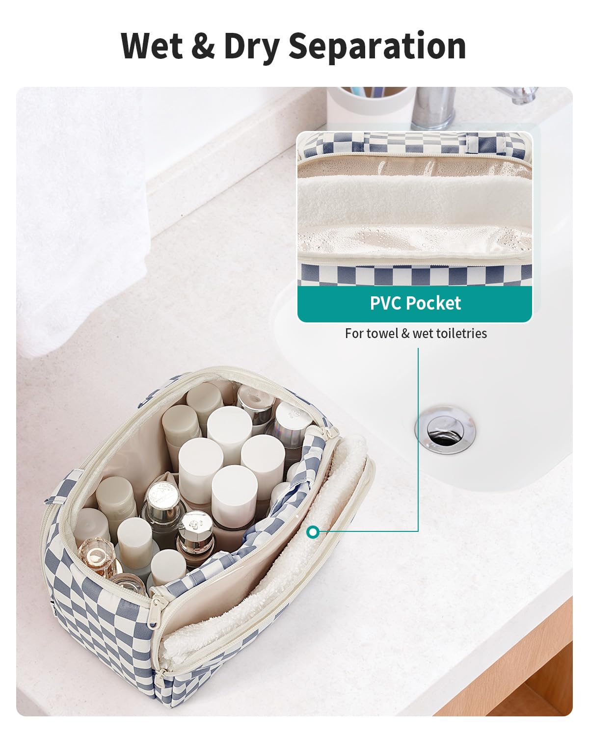 Narwey Checkered Travel Toiletry Bag for Women Large Makeup Bag, Wide-open Cosmetic Make Up Organizer with Handle, Travel Bag for Toiletries, Essentials, Accessories (Greyish Blue Checkerboard)