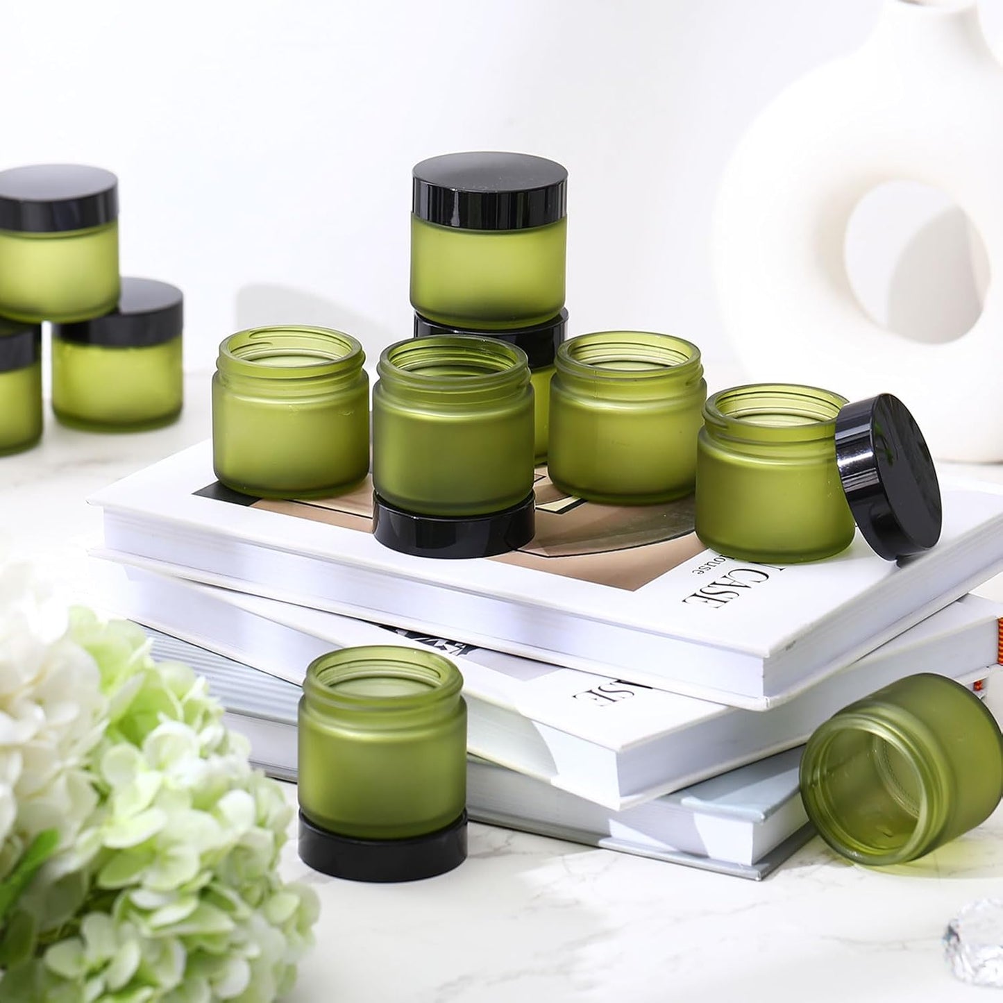32 Pcs 2 oz Glass Jars - Leakproof Travel Size Cosmetic Containers for Makeup, Creams & DIY (Pea Green)