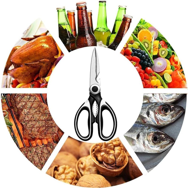 Heavy Duty Kitchen Scissors – Stainless Steel All-Purpose Cooking Shears for Meat, Chicken, Fish, Poultry, Herbs and Bread, Dishwasher Safe Food Prep Scissors（Black）
