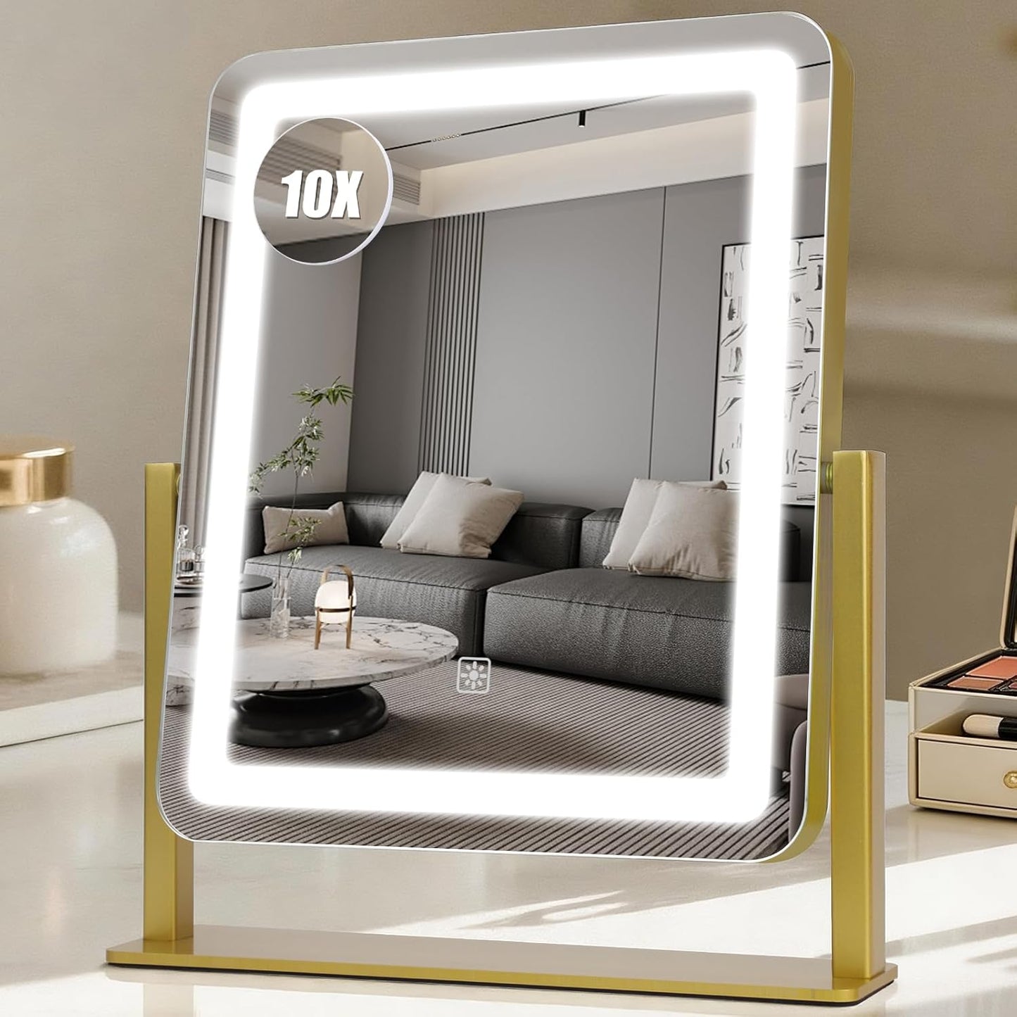 LED Makeup Mirror with Lights - 15" x 12.2" Dimmable Vanity Mirror with Smart Touch & 3-Color Lighting | 360° Rotation, White