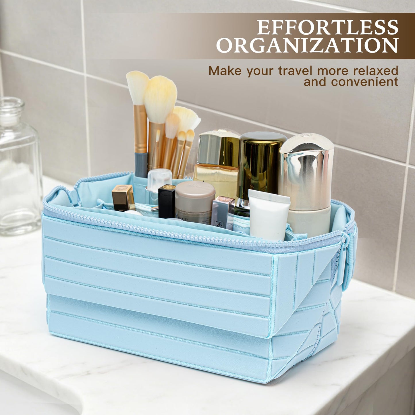 Minoisome Travel Makeup Bag,PU leather toiletry bag,make up organizer case for women,Large Capacity Cosmetic Bag,Wide-open Pouch Purse，Toiletries Accessories，Fold-Down Design and Adjustable Dividers.