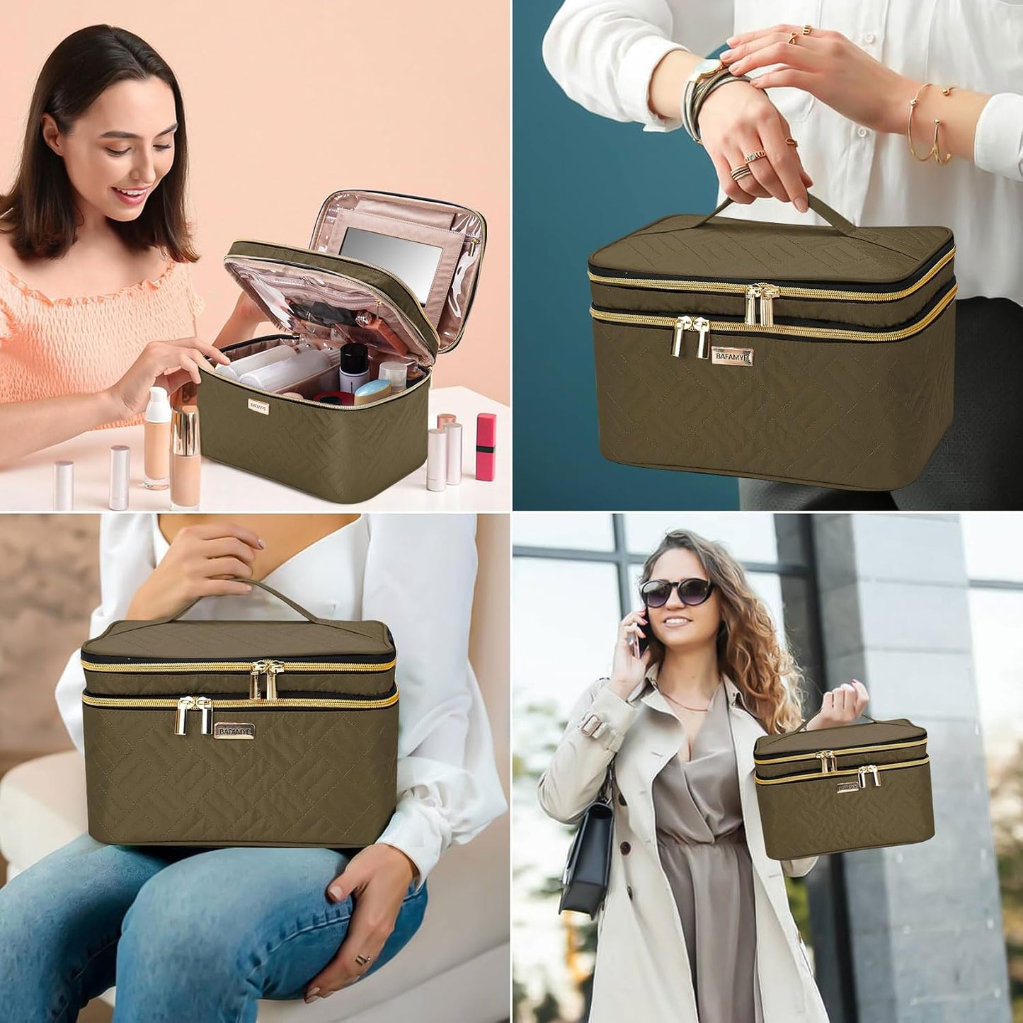 Double Layer Travel Makeup Bag With Mirror - 8.8L Large Cosmetic Organizer for Women | Brown