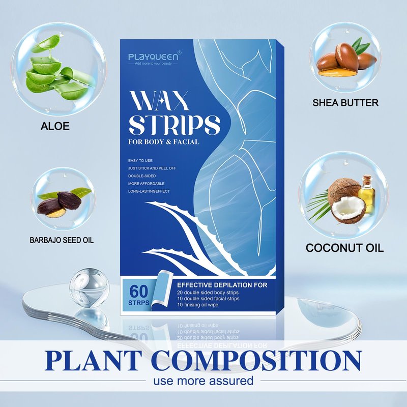 Hair Removal Wax Strips Kit for Women & Men, 60 PCS Full Body Cold Wax Strips for Face, Arms, Legs, Underarms & Bikini Area, Gentle Hair Removal for Sensitive Skin with After-Wax Oil Wipes.