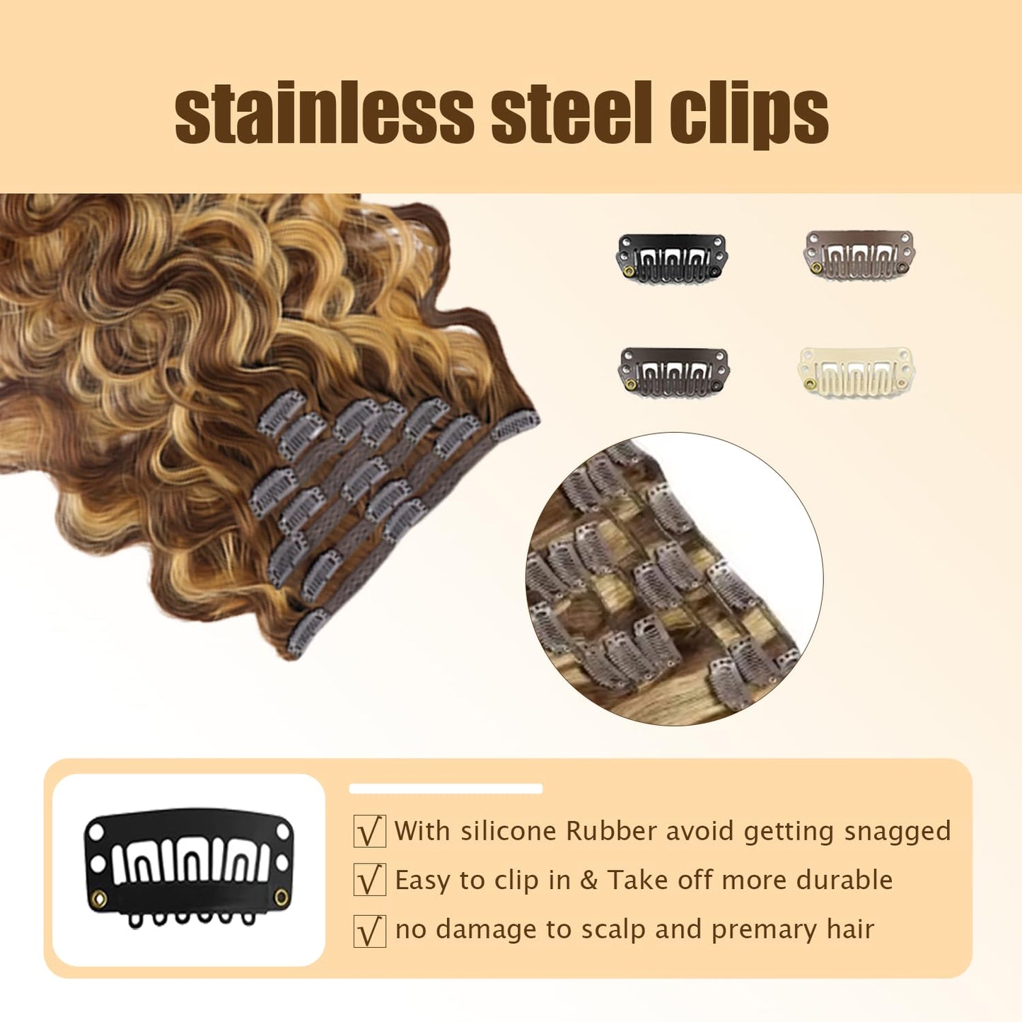 P427 Blonde Clip in Hair Extensions Real Human Hair, 14 Inch 120g/7Pcs,Full Shine Remy Human Hair,Highlight Brown Body Wave Clip ins Brazilian Virgin Human Hair Extensions