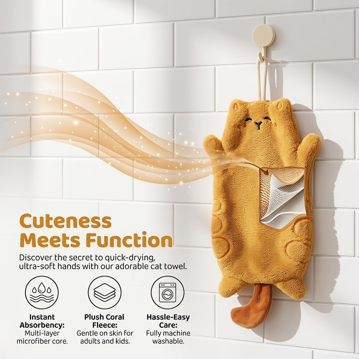 2 Pack Cute Cat Coral Fleece Hanging Hand Towel Ultra Soft Quick Dry Kitchen Bathroom Loop White Yellow Design