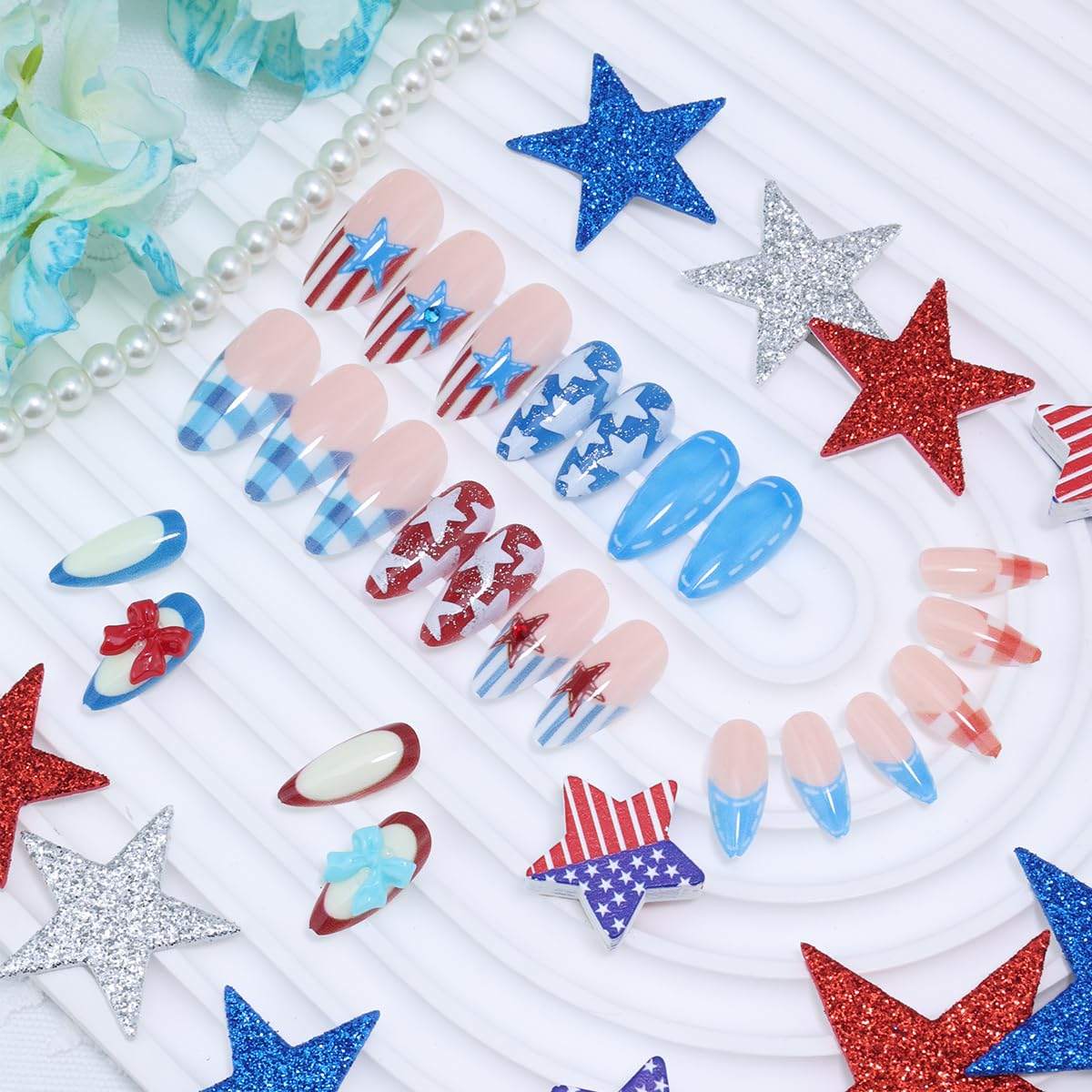 24Pcs 4th of July Press on Nails Medium Almond French Tip Fake Nails Red White Blue Glitter Star Patriotic False Nails with Bow Charms Designs Independence Day Acrylic Stick on Nail for Women Manicure
