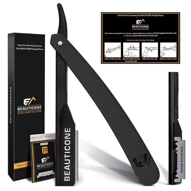 BEAUTICONE® Straight Razors for Men – Professional Barber Straight Edge Razor Kit with Replaceable Single Edge Blades - Navajas Para Barbero - Pouch Gift Box 1.2 mm Exposed for Close Shave Ultra Light