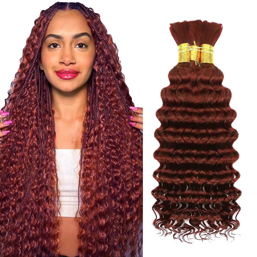 Reddish Brown Human Braiding Hair 3 Bundles 16 16 16 inch 150g 33 Deep Wave Bulk Human Hair for Braiding 10A Wet and Wavy Bulk Bohemian Curly Bundles