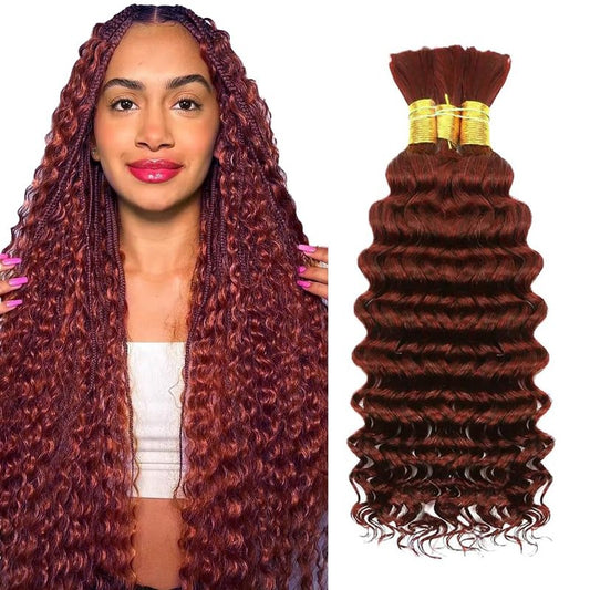 Reddish Brown Human Braiding Hair 3 Bundles 16 16 16 inch 150g 33 Deep Wave Bulk Human Hair for Braiding 10A Wet and Wavy Bulk Bohemian Curly Bundles