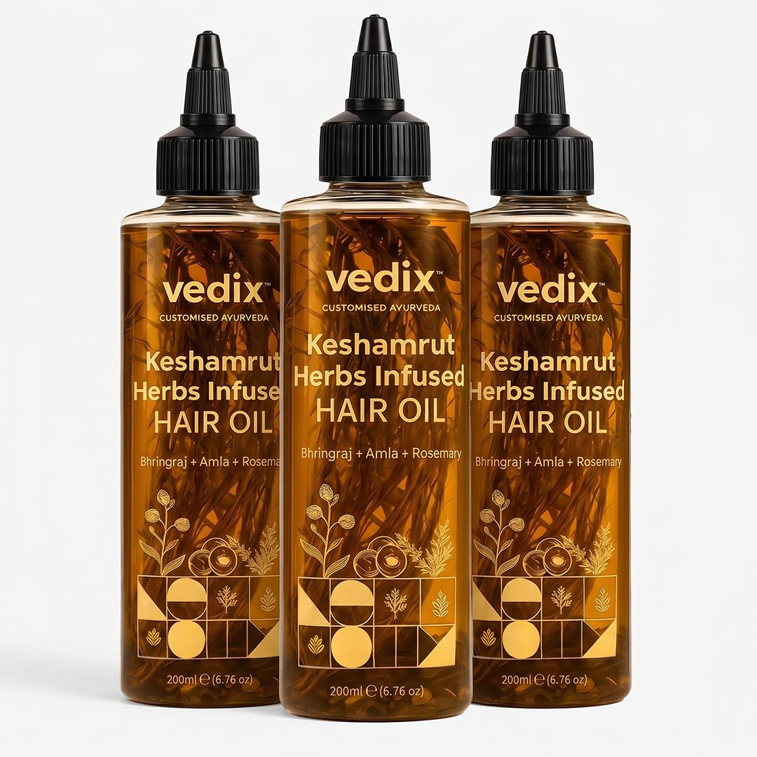 Vedix Keshamrut Herbs Infused Ayurvedic Hair Oil With Bhringraj, Amla & Rosemary I Control Hair Fall & Boost Hair Growth I 16+ Whole Herbs, Leaves & Flowers I No Mineral Oils & Chemicals (Pack of 3)